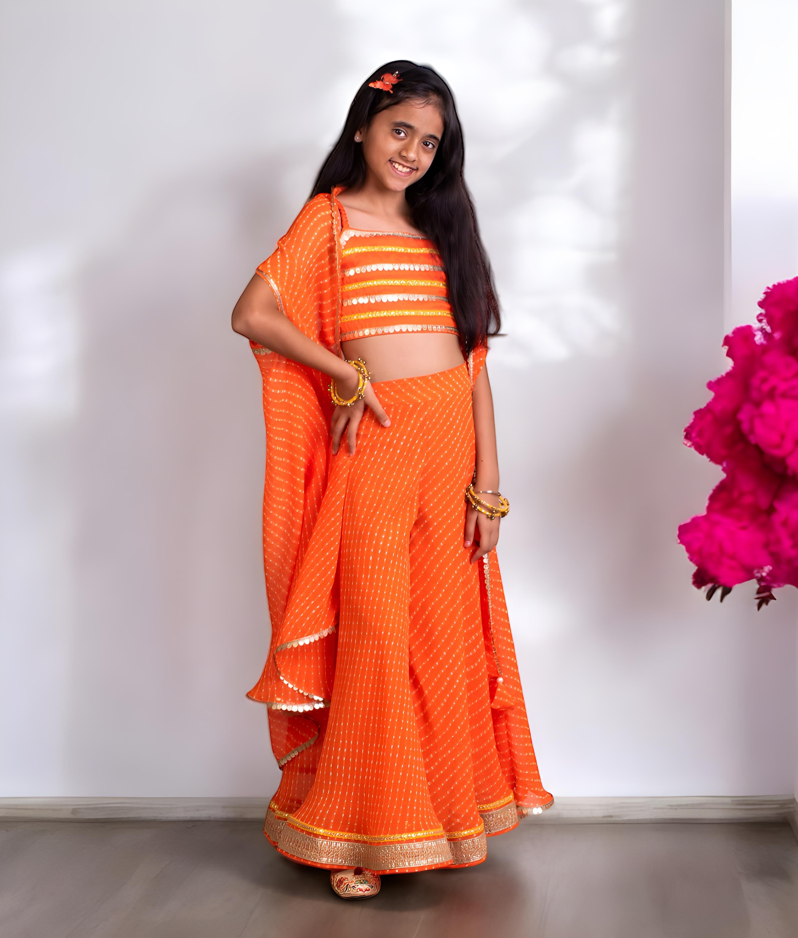 Orange Crop Top Sharara Set with Cape