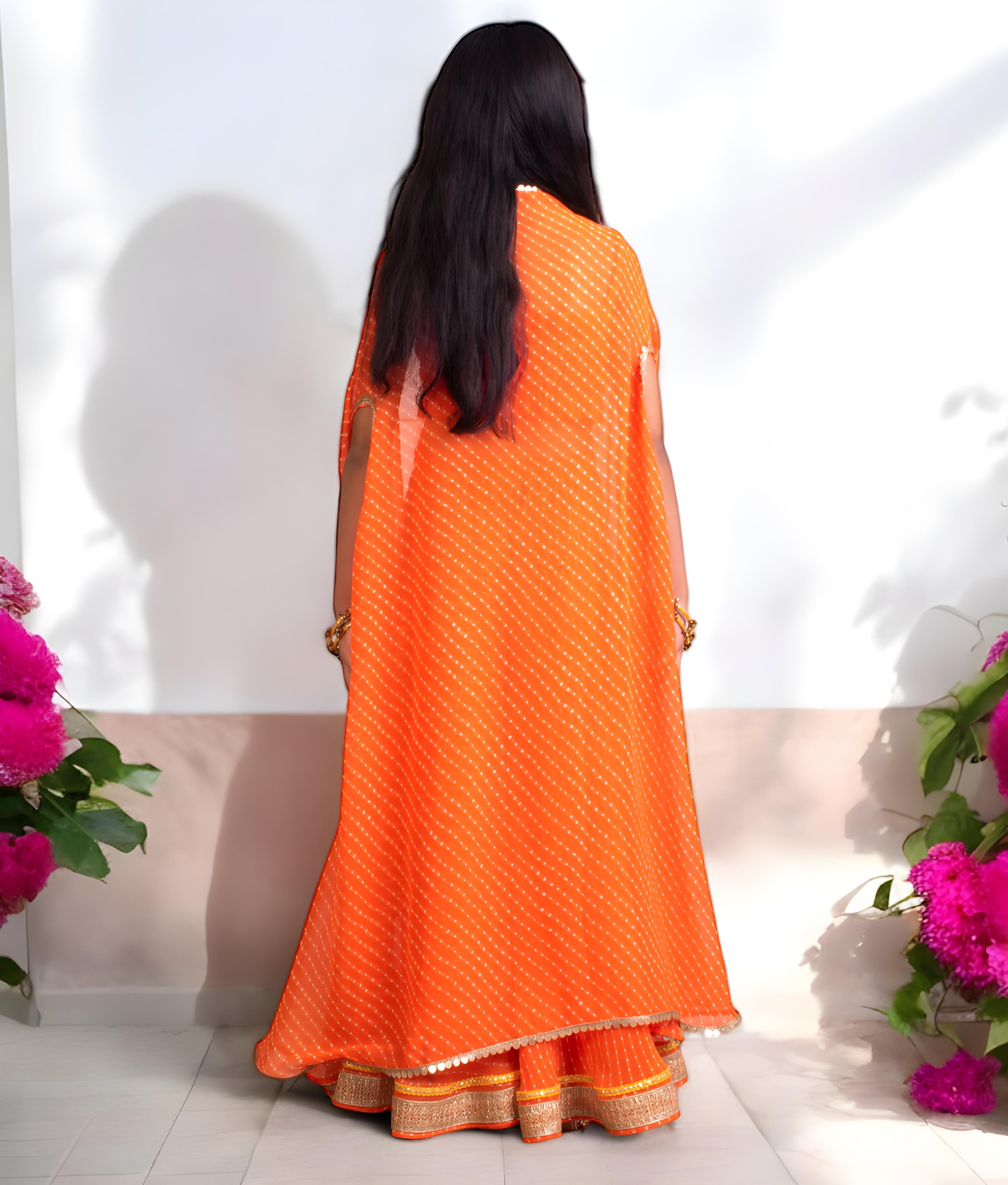 Orange Crop Top Sharara Set with Cape