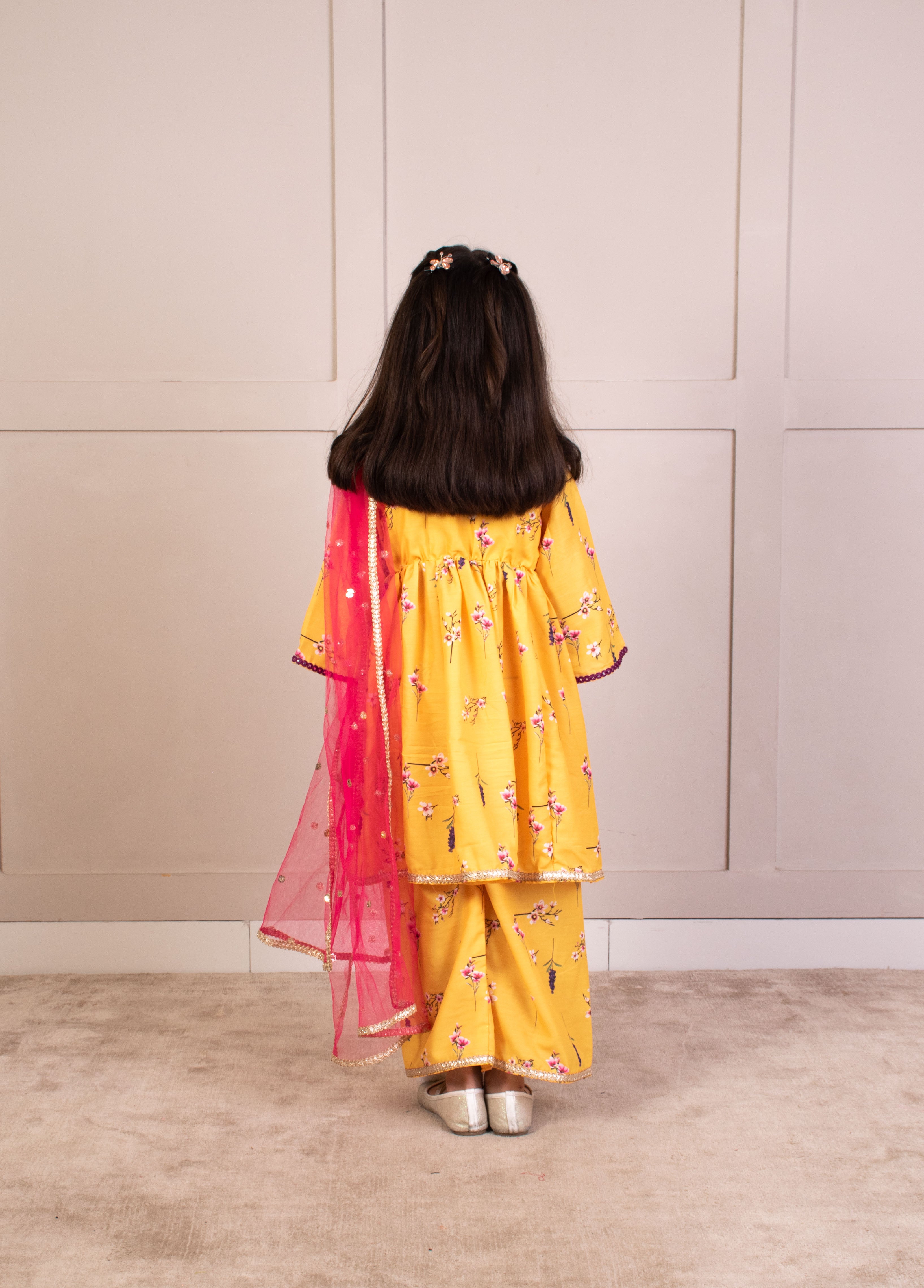 Yellow Flower Printed Kurti with Pant for Girls