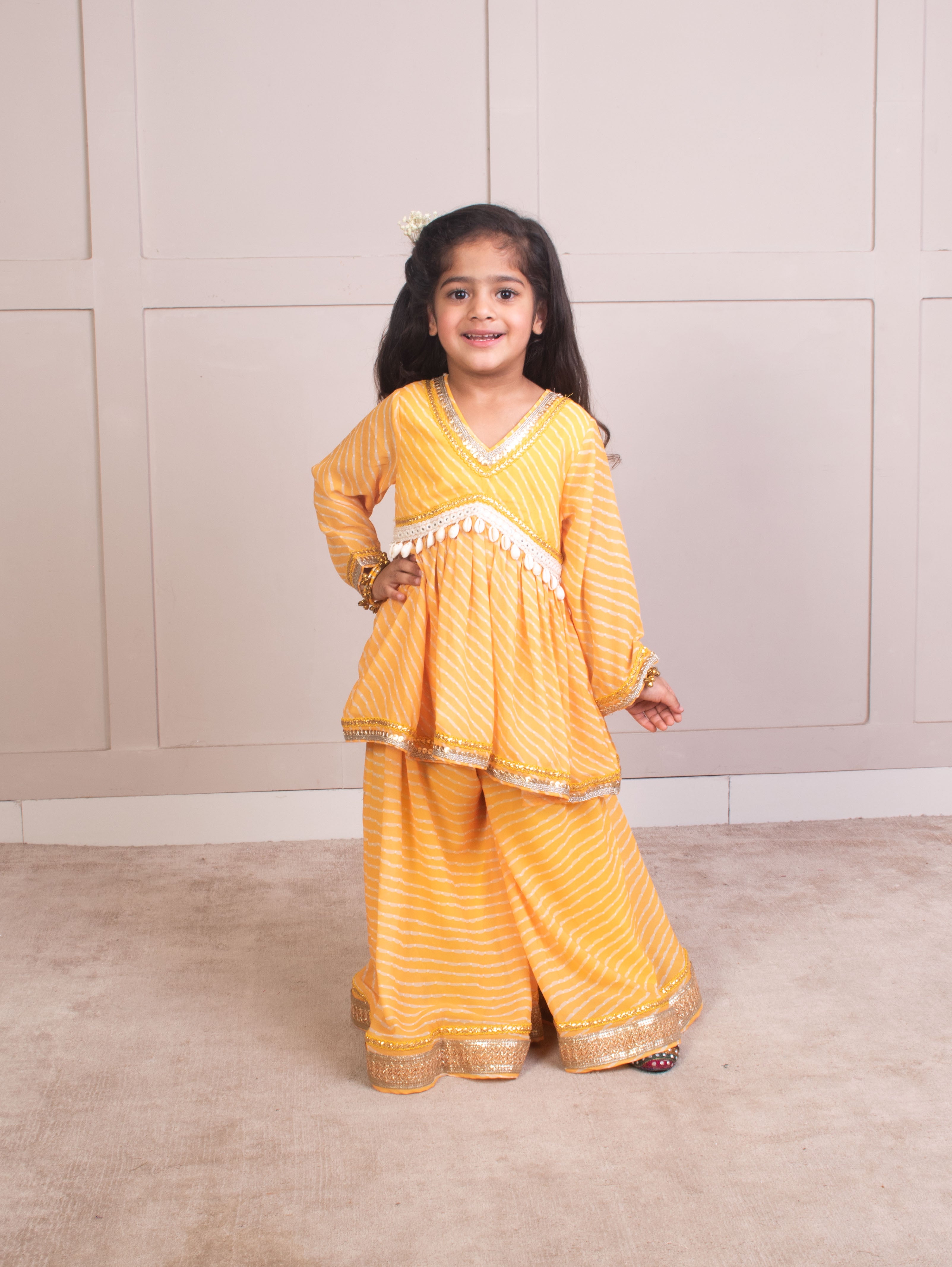 Yellow Bhandhej Peplum Kurti with Sharara