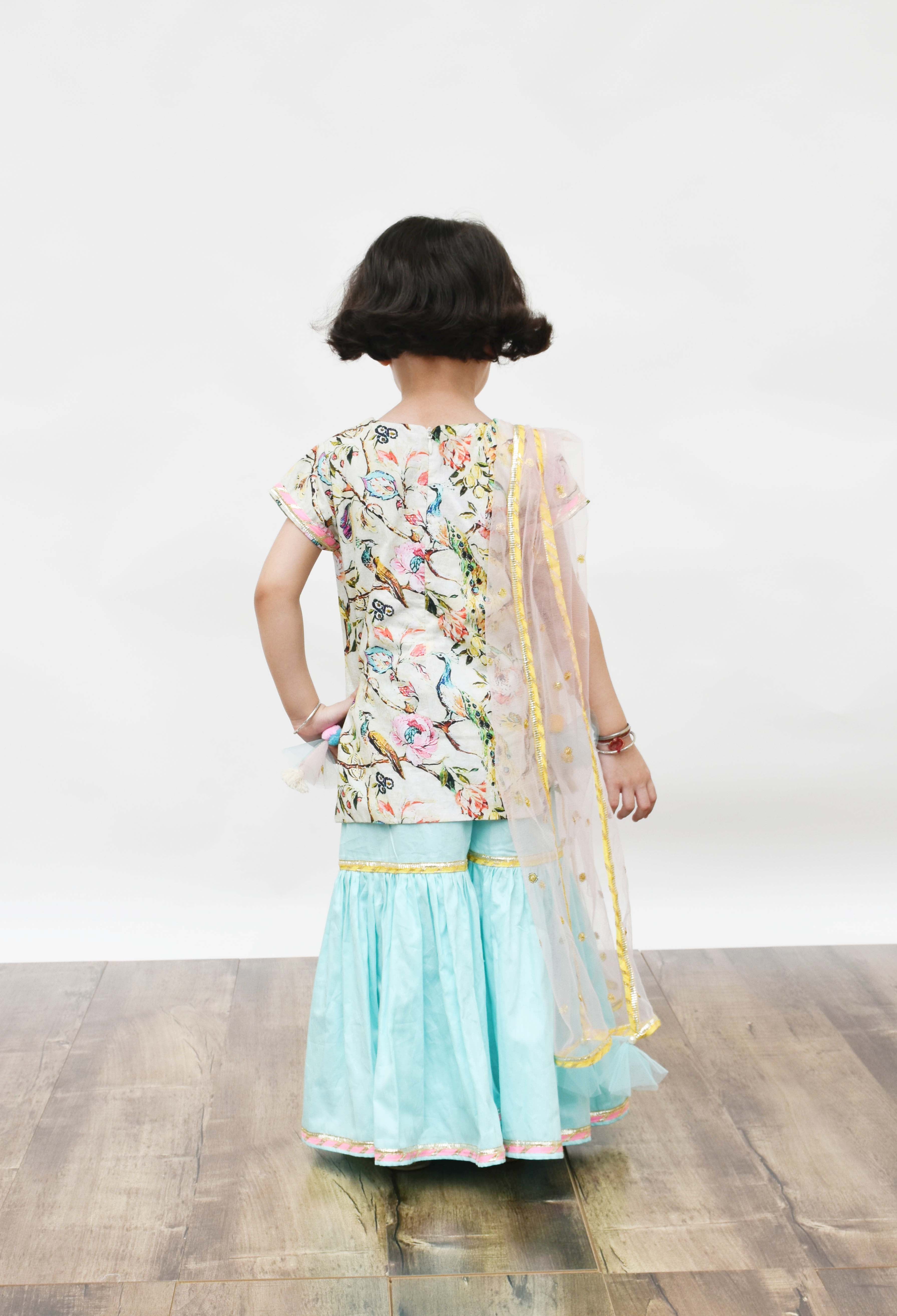 Pista Green Blue Printed Sharara with Kurti Boti Net Dupatta