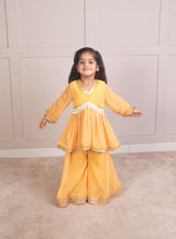 Yellow Bhandhej Peplum Kurti with Sharara