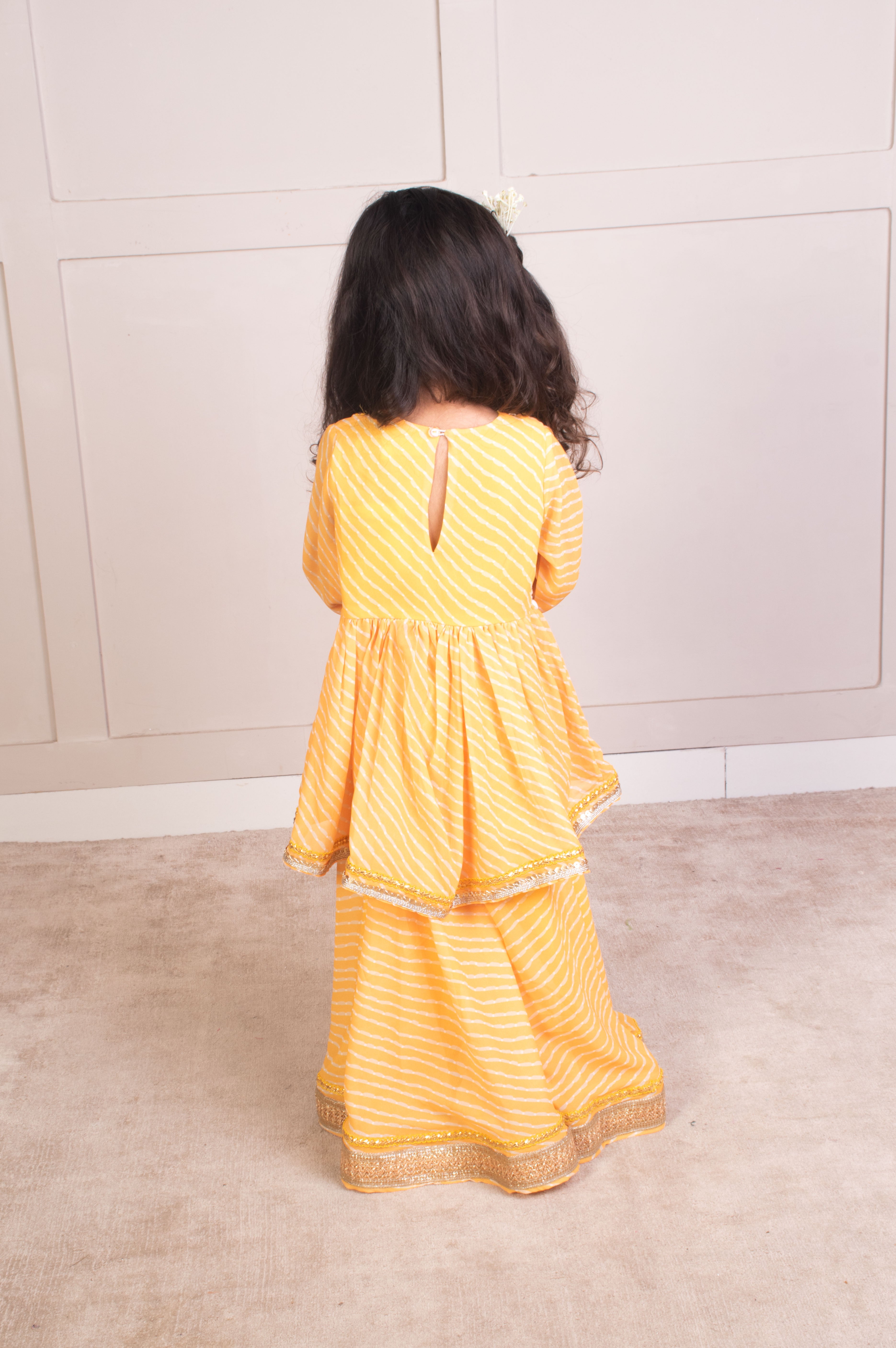 Yellow Bhandhej Peplum Kurti with Sharara
