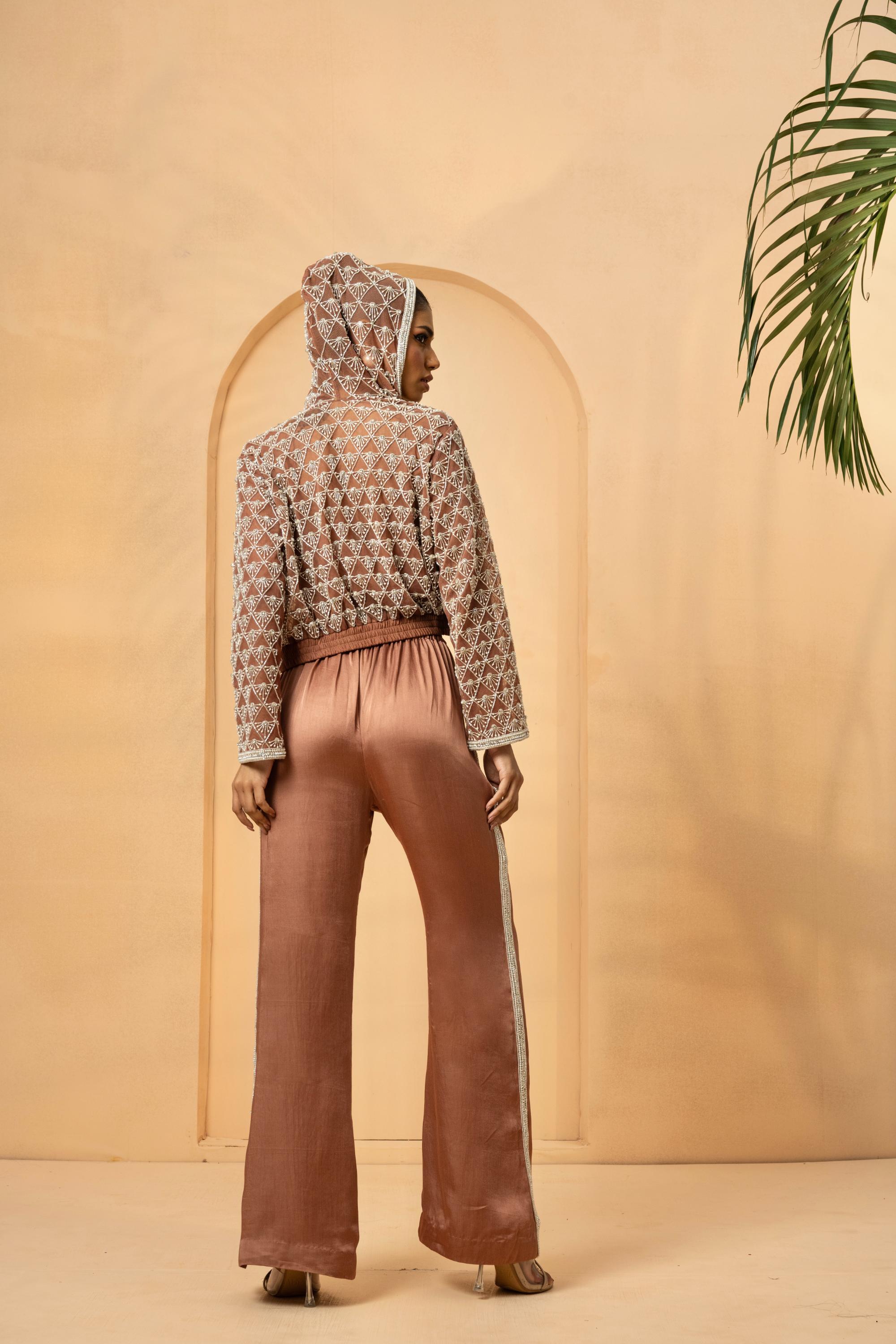 Mettalic rose gold embroidered co-ord set with hoodie