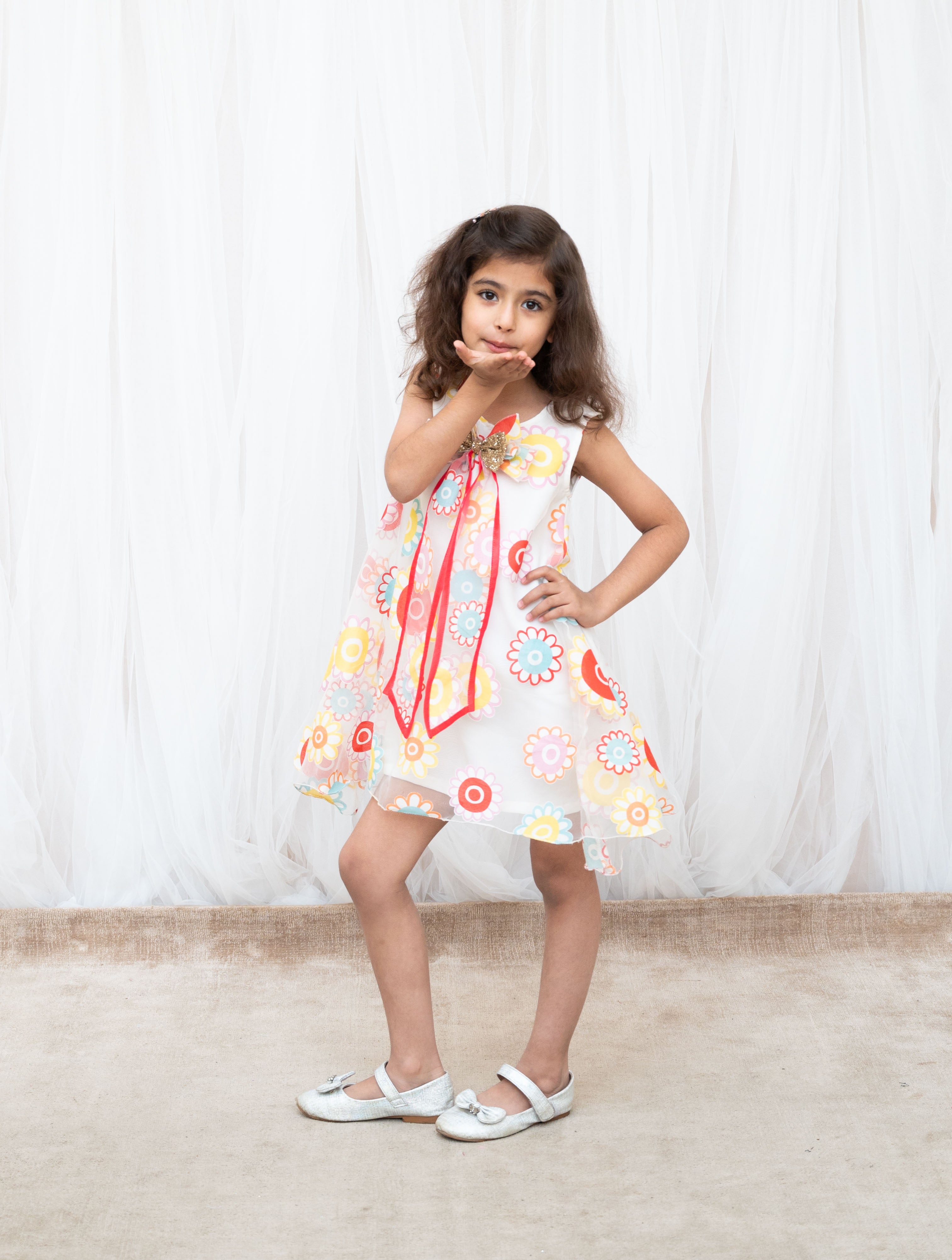 White Flower Printed Organza Dress