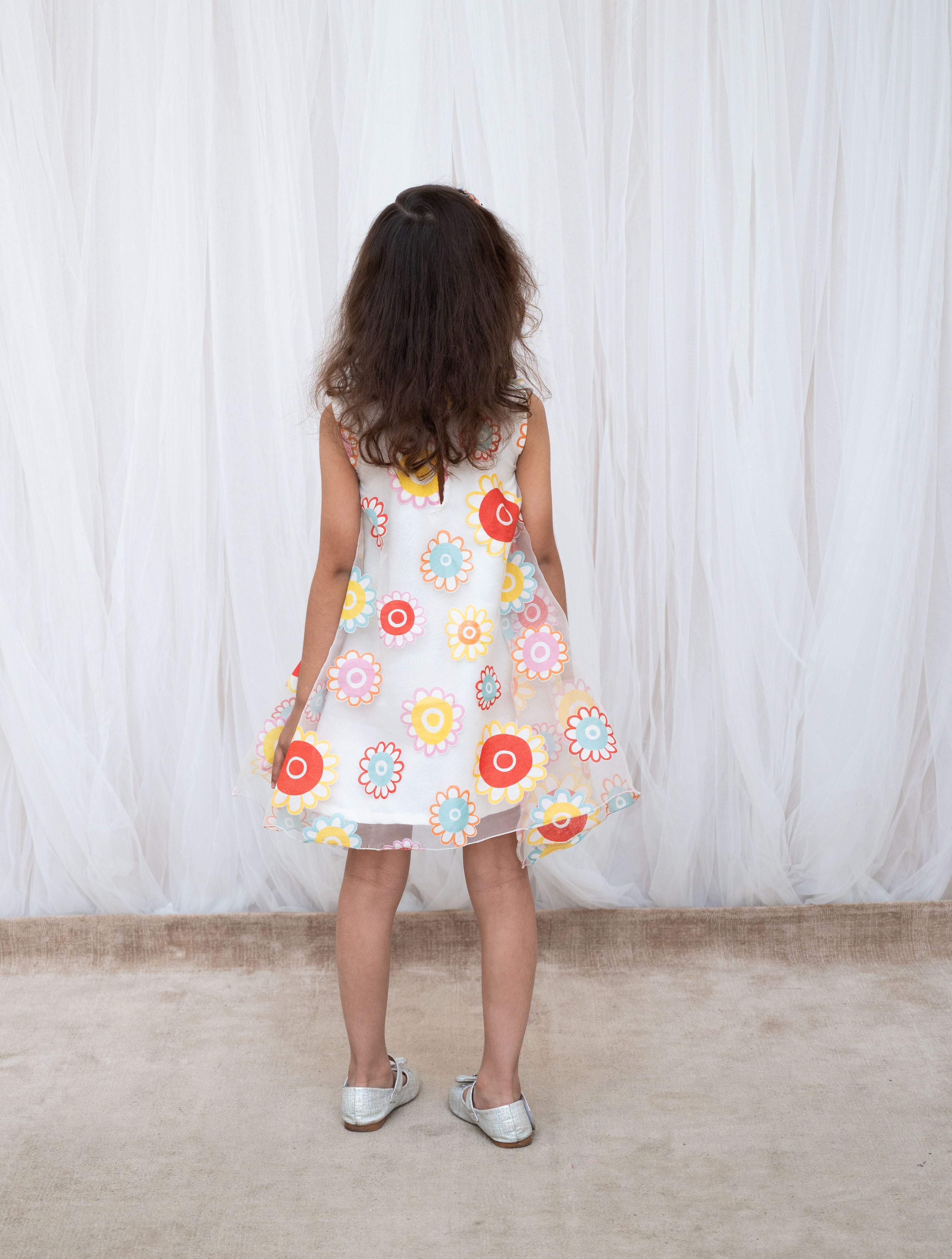 White Flower Printed Organza Dress