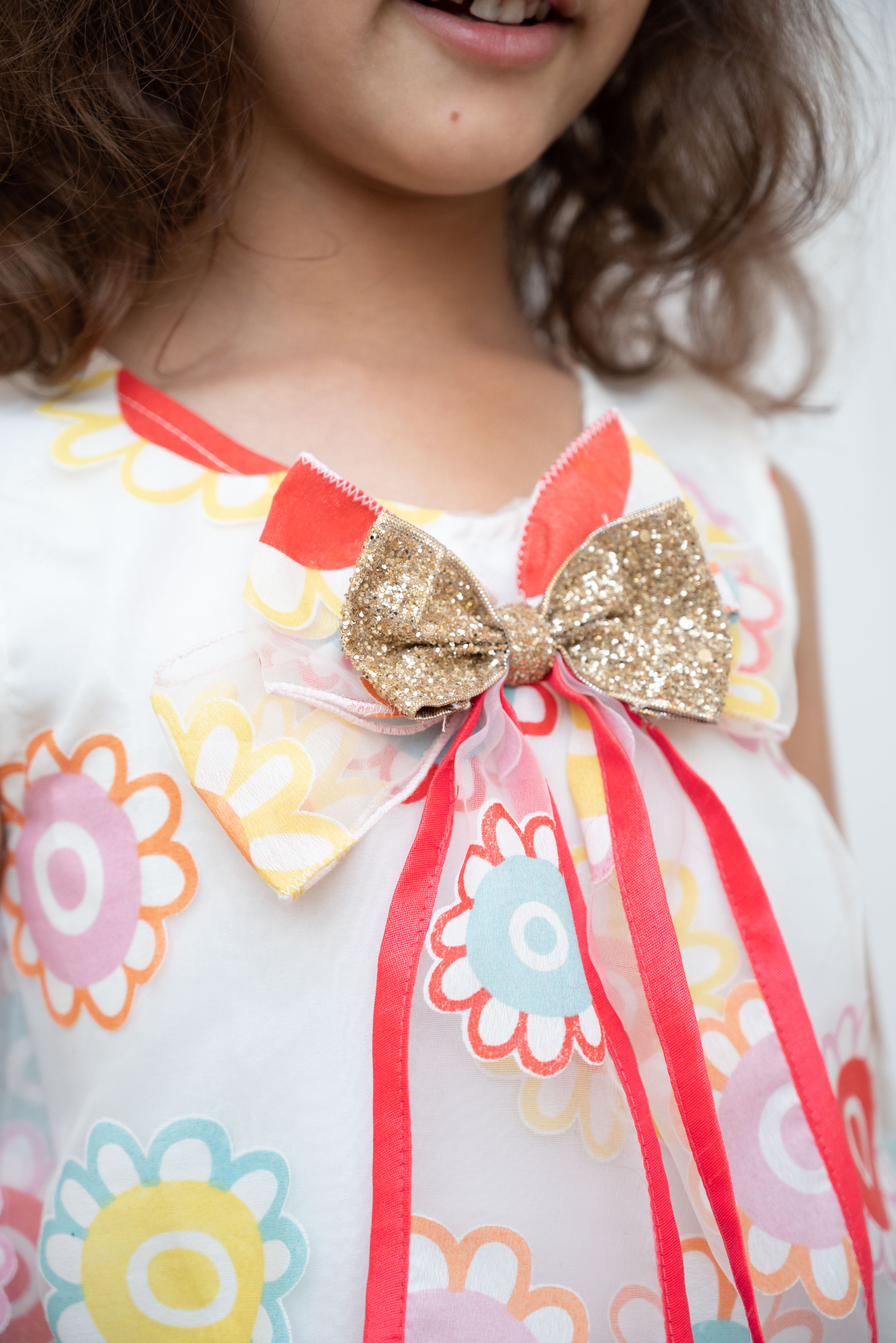 White Flower Printed Organza Dress