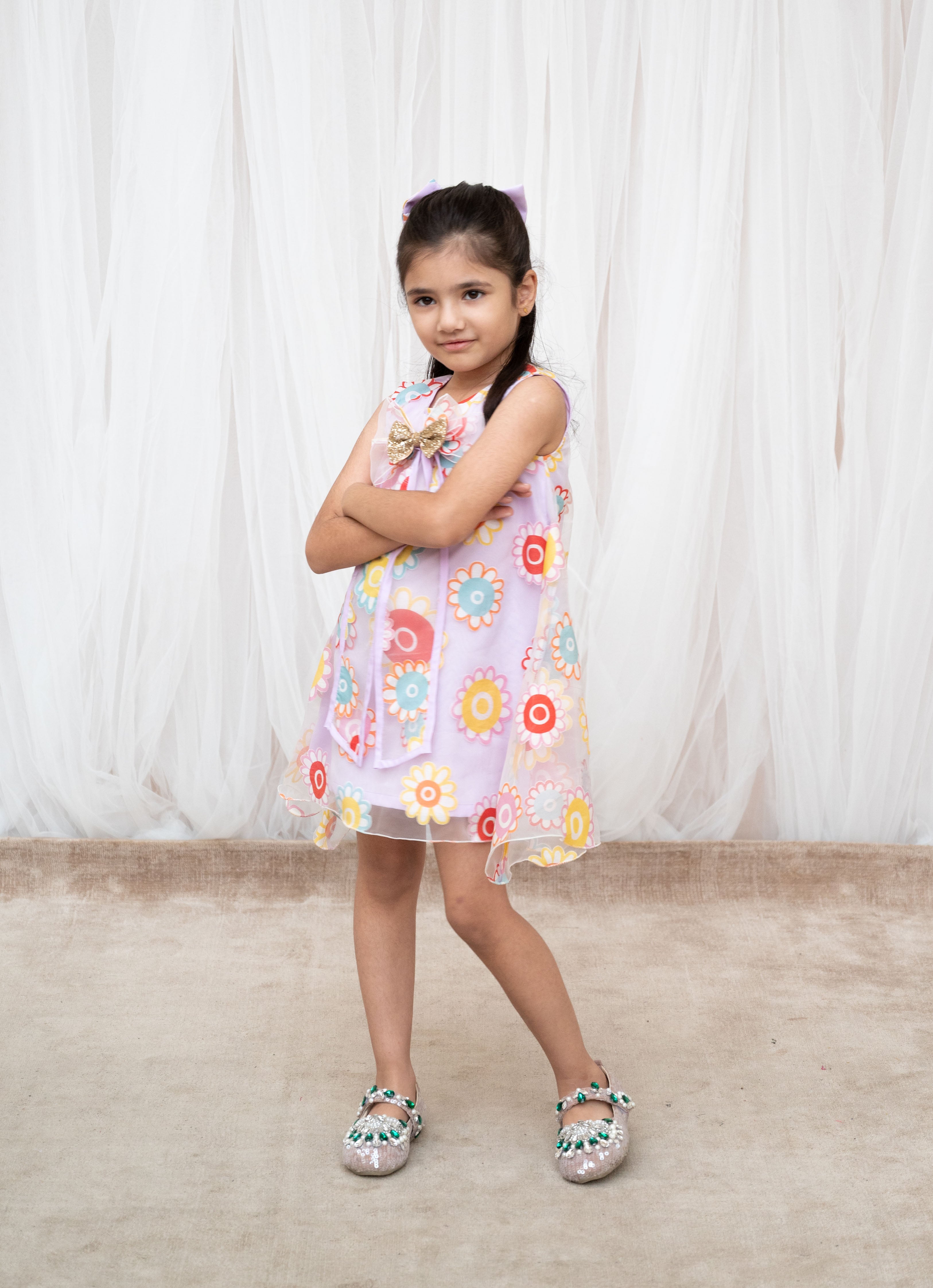 Lilac Flower Printed Organza Dress