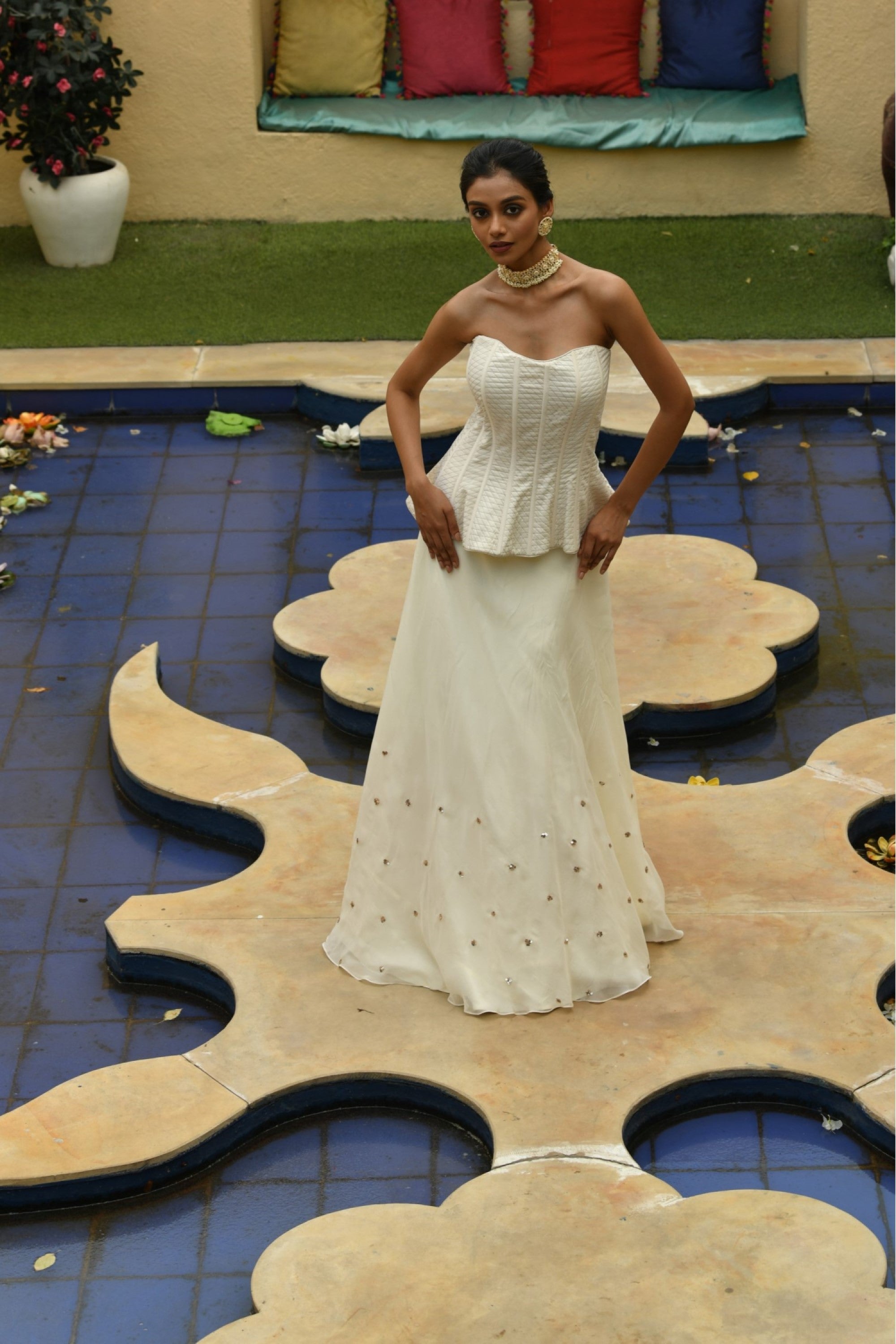 IVORY INDOWESTEN CORSET WITH LEHNGA