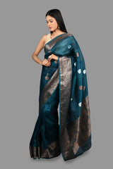 Teal Blue Pure Organza Silk Banarasi Handloom Saree