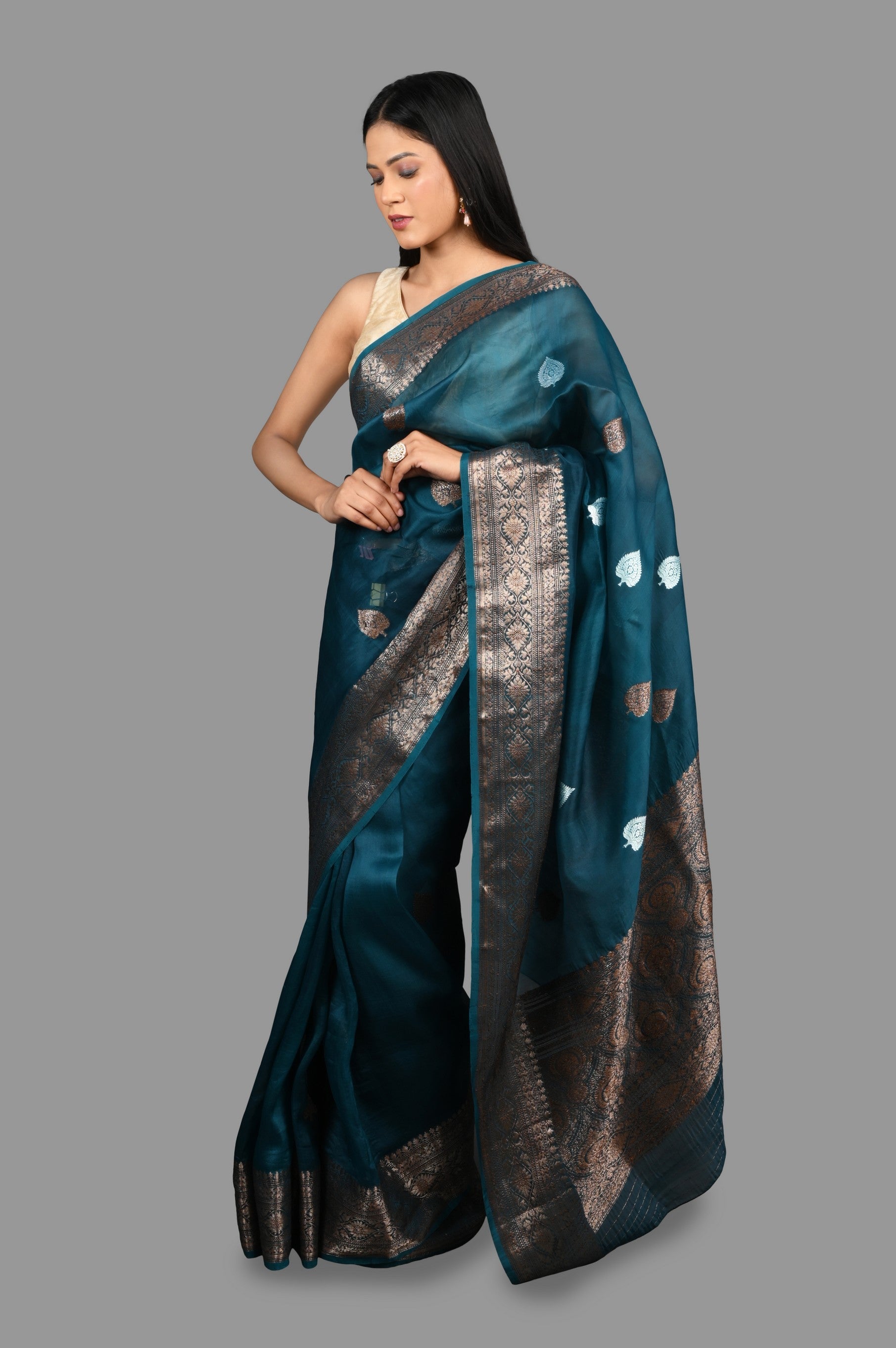 Teal Blue Pure Organza Silk Banarasi Handloom Saree