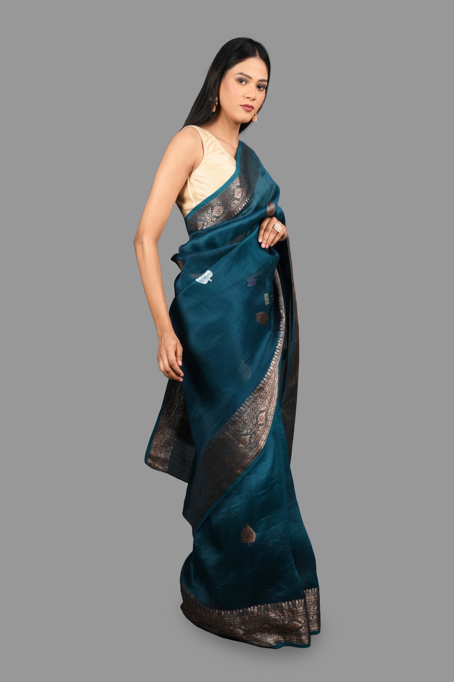 Teal Blue Pure Organza Silk Banarasi Handloom Saree
