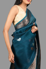 Teal Blue Pure Organza Silk Banarasi Handloom Saree