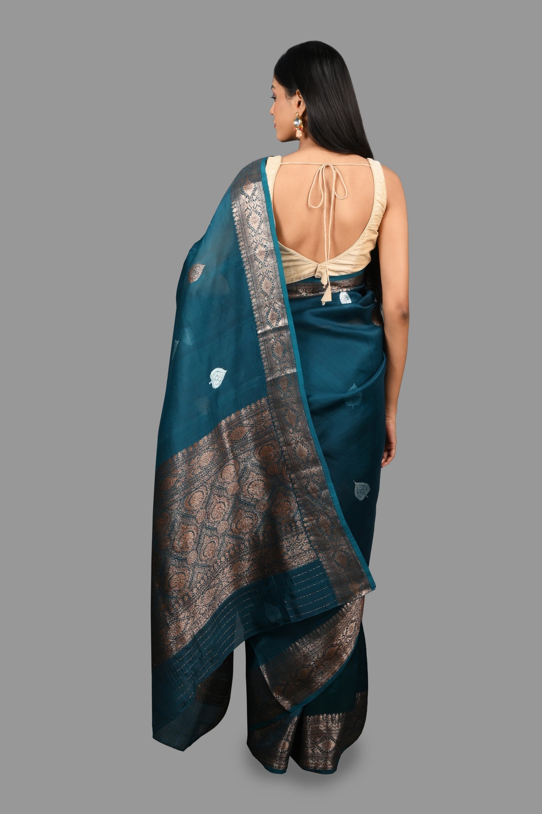 Teal Blue Pure Organza Silk Banarasi Handloom Saree