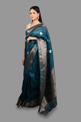 Teal Blue Pure Organza Silk Banarasi Handloom Saree