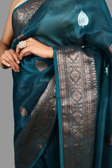 Teal Blue Pure Organza Silk Banarasi Handloom Saree