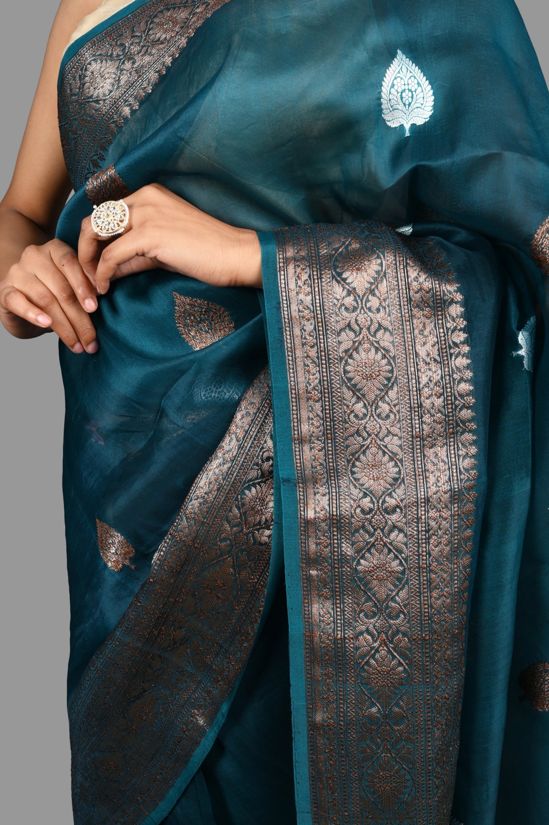 Teal Blue Pure Organza Silk Banarasi Handloom Saree