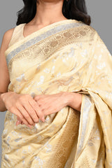 Cream Pure Katan Kadhwa Work Silk Banarasi Handloom saree