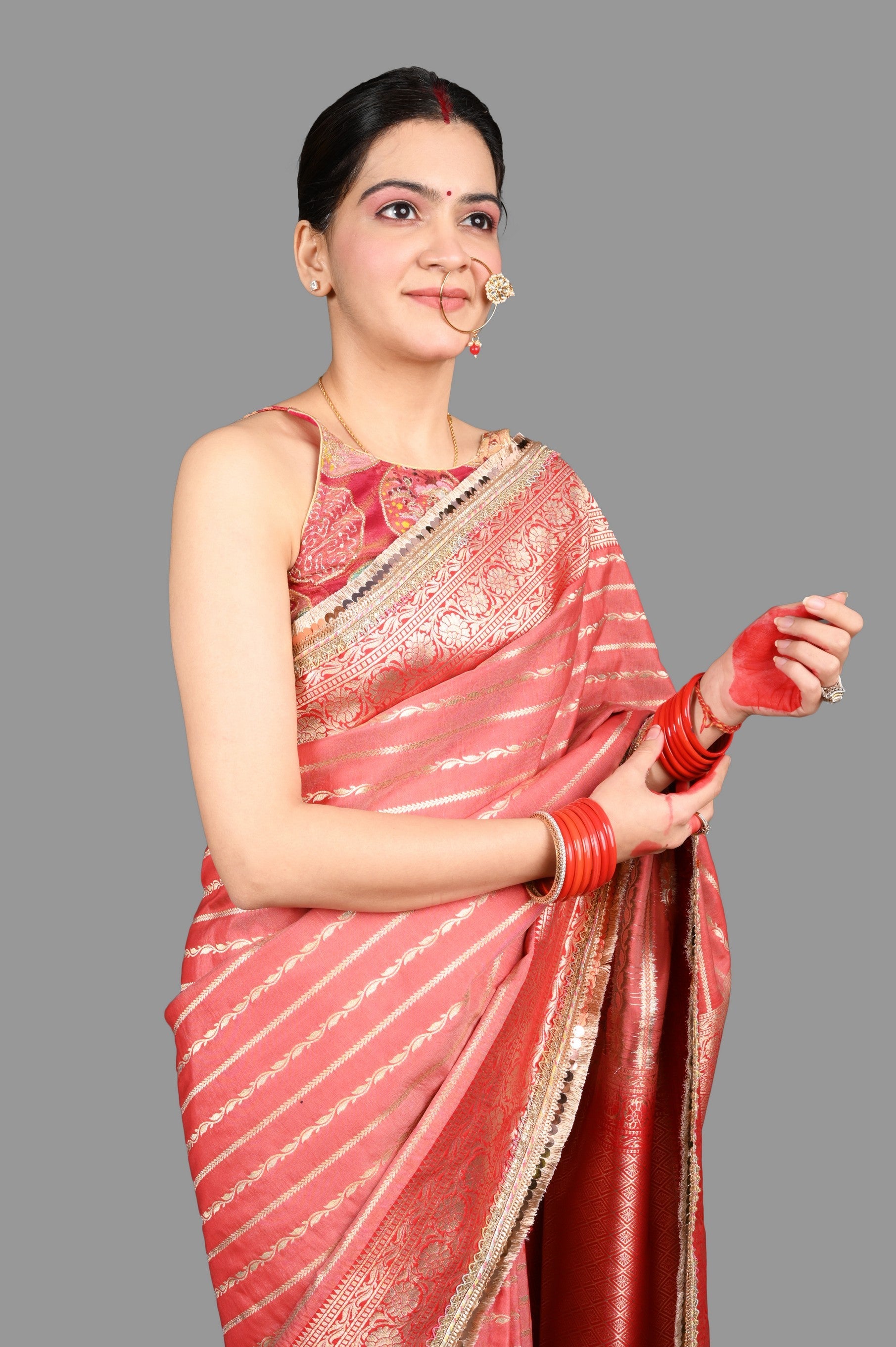 Blush red Pure Silk Banarasi Handloom Saree Lining