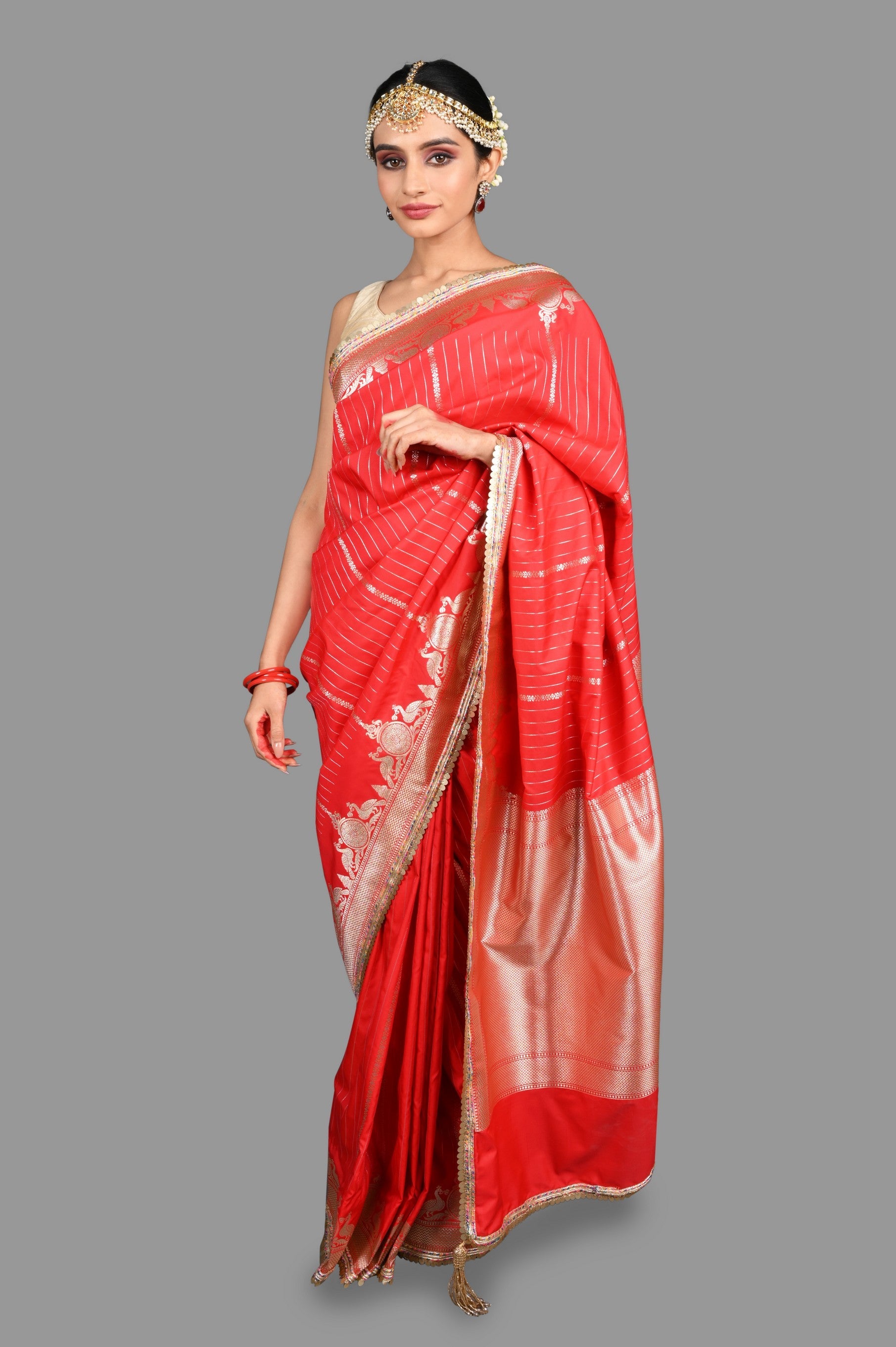 Red Stripe Pure Silk Banarasi Handloom Saree