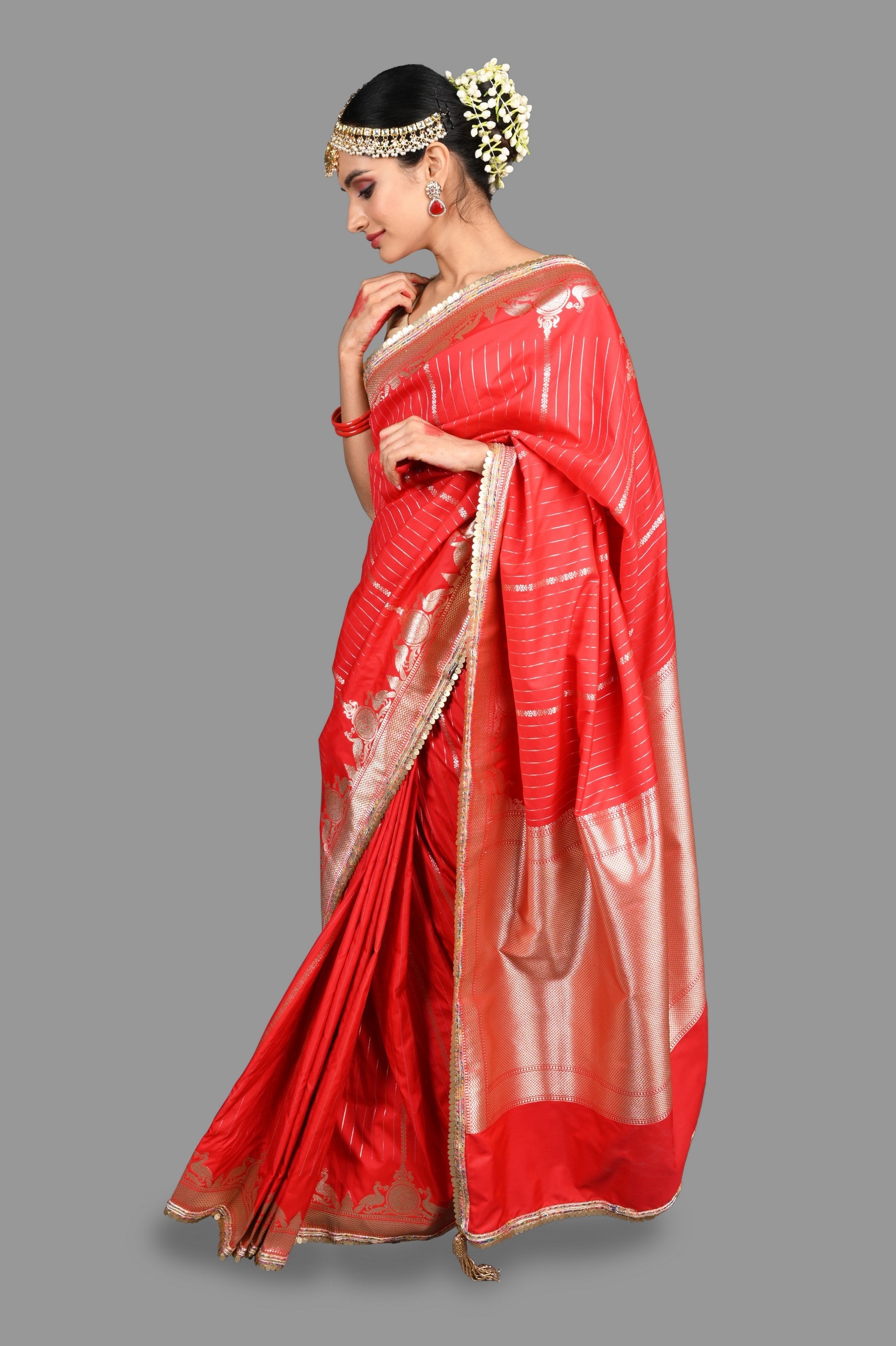 Red Stripe Pure Silk Banarasi Handloom Saree