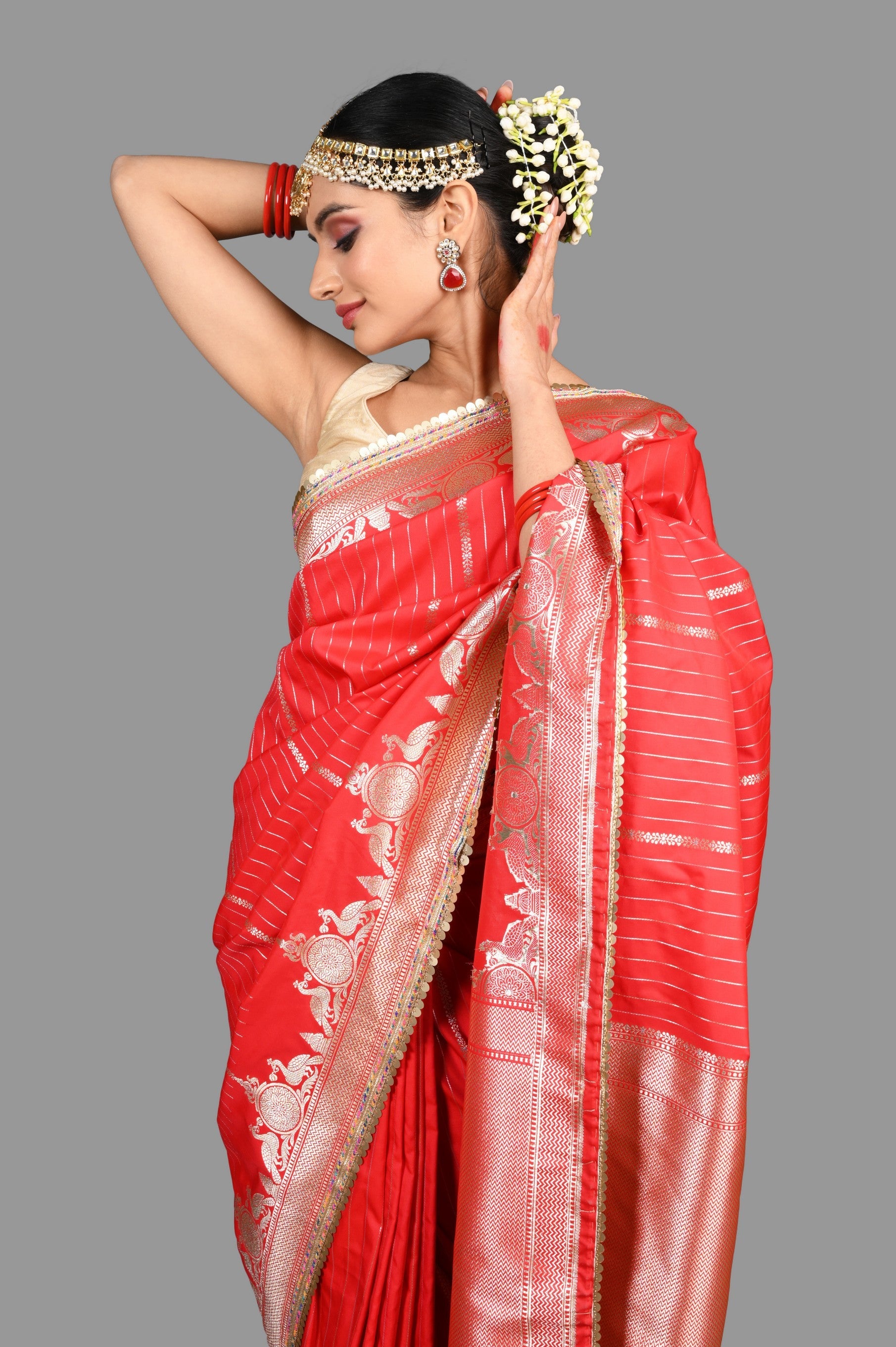 Red Stripe Pure Silk Banarasi Handloom Saree