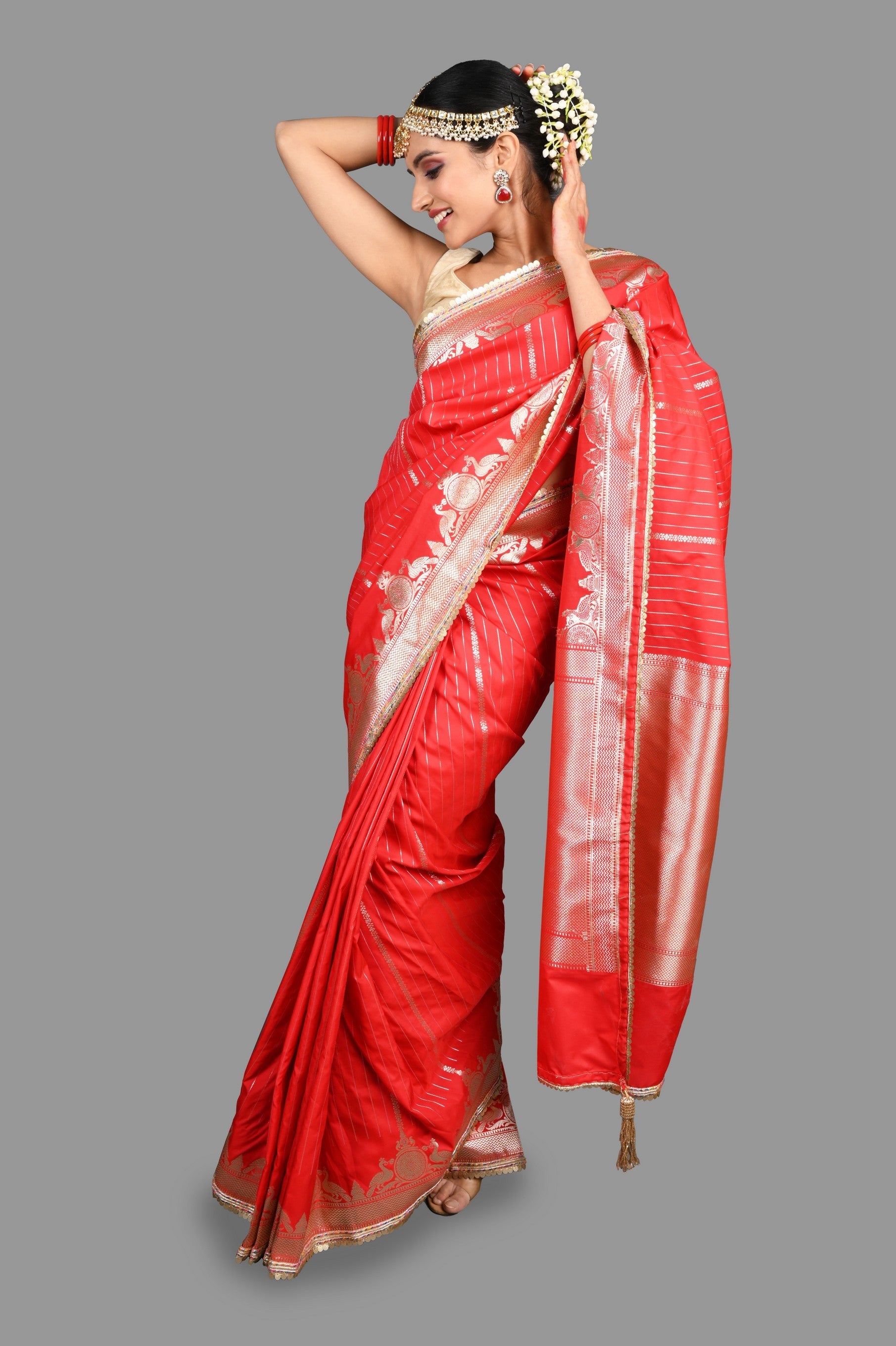 Red Stripe Pure Silk Banarasi Handloom Saree