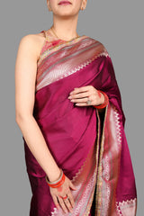 Hot Pink Kanjivaram silk Banarsi Handloom Saree - Plain