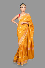 Mustard Yellow Pure Silk Banarasi Handloom Saree with Pearl work