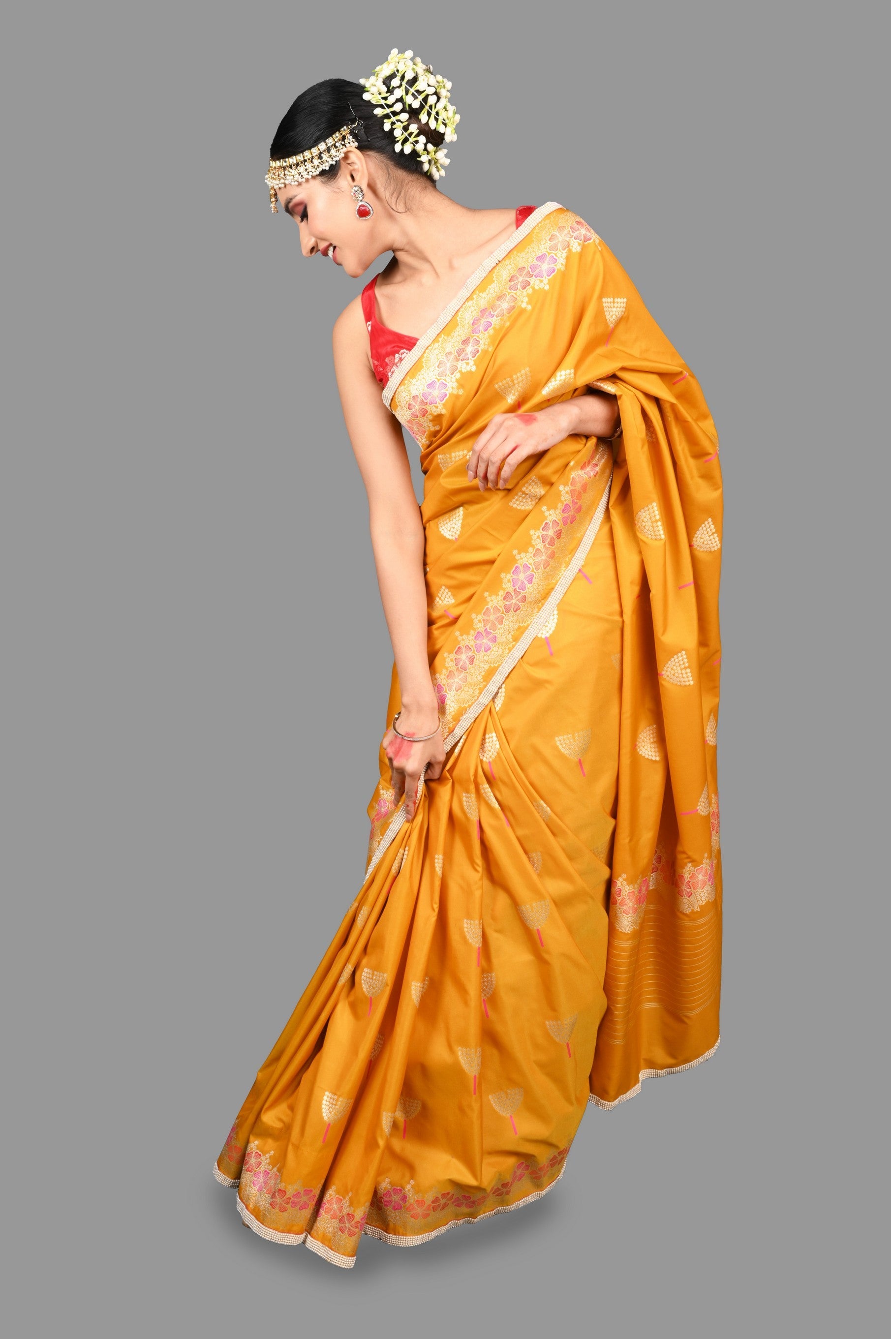 Mustard Yellow Pure Silk Banarasi Handloom Saree with Pearl work