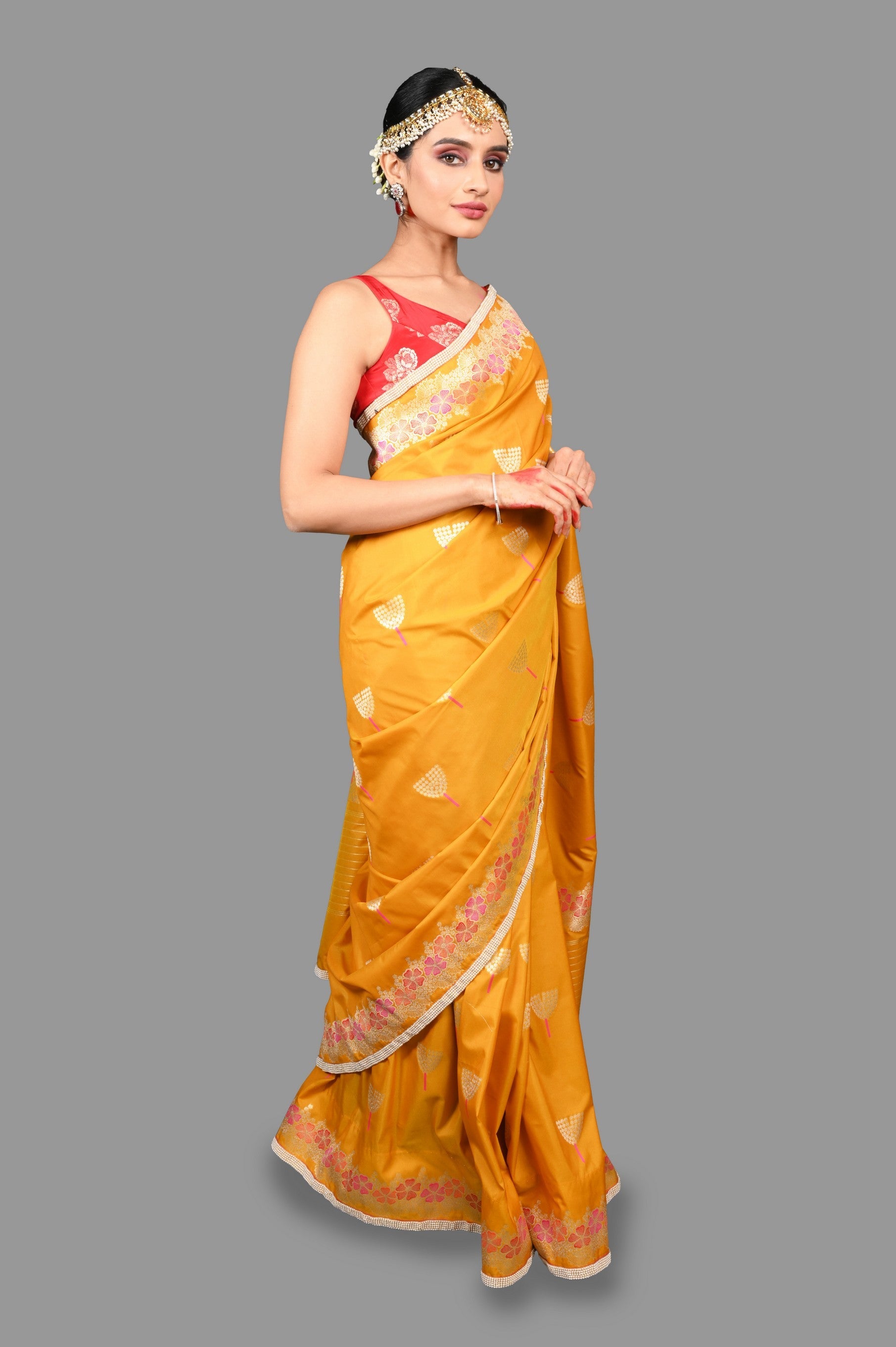 Mustard Yellow Pure Silk Banarasi Handloom Saree with Pearl work