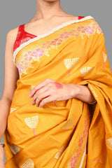 Mustard Yellow Pure Silk Banarasi Handloom Saree with Pearl work