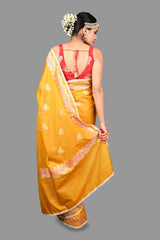 Mustard Yellow Pure Silk Banarasi Handloom Saree with Pearl work