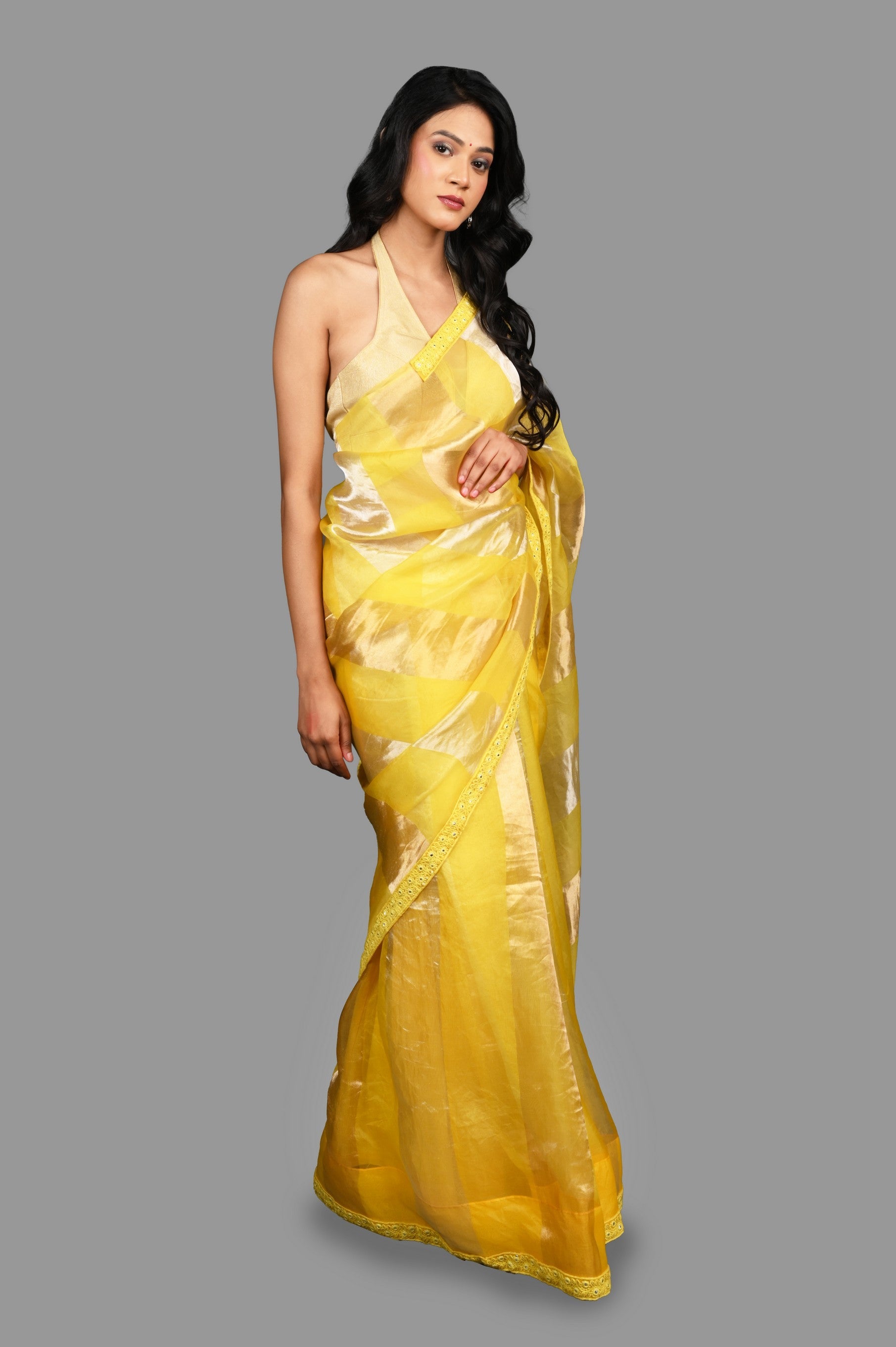 Lemon yellow Pure Organza Silk Stripe Zari Saree