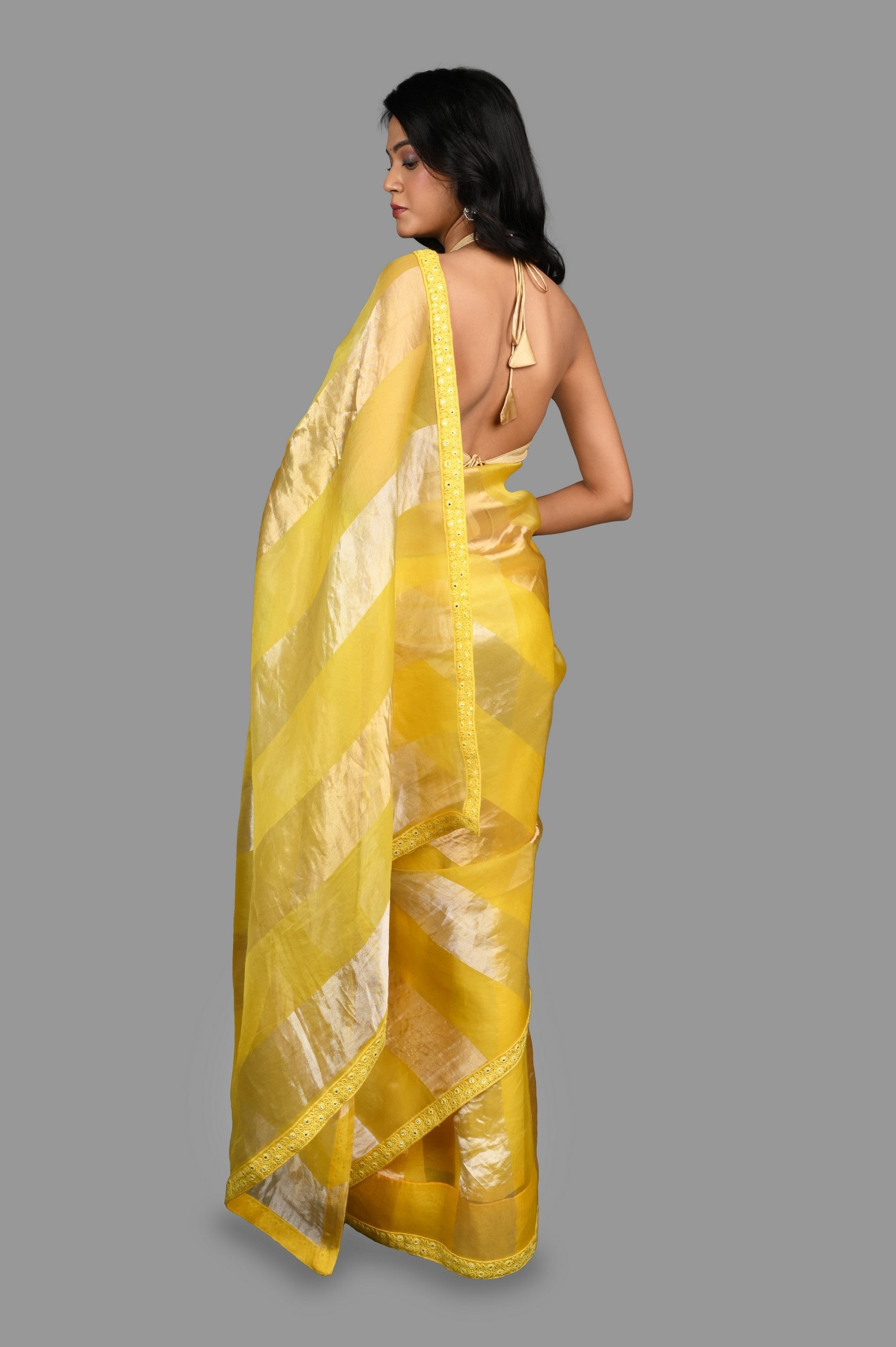 Lemon yellow Pure Organza Silk Stripe Zari Saree