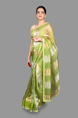 Pista Green Pure Organza Silk Stripe Zari Saree