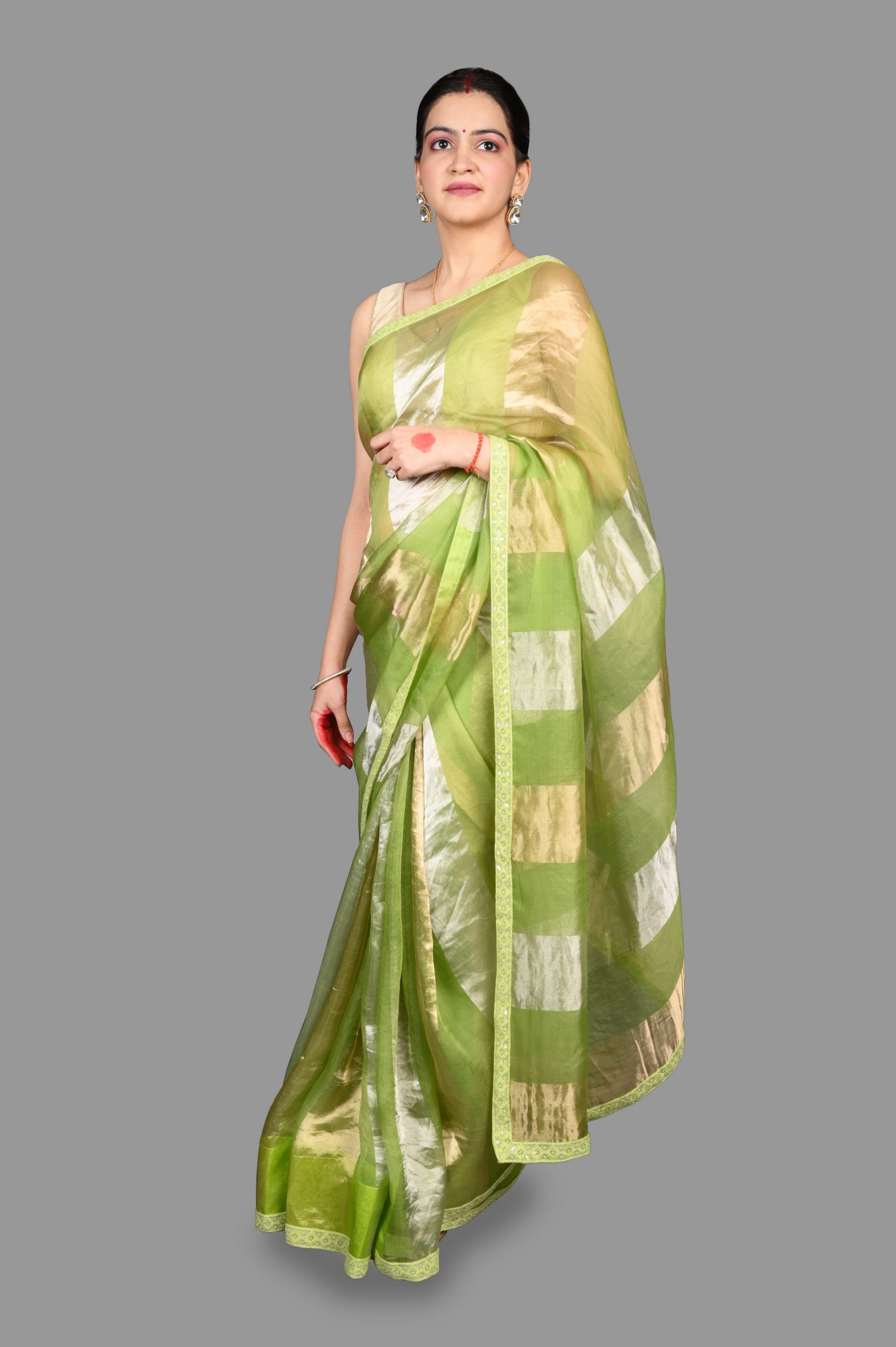 Pista Green Pure Organza Silk Stripe Zari Saree