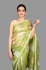 Pista Green Pure Organza Silk Stripe Zari Saree