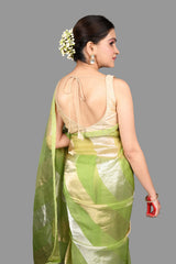 Pista Green Pure Organza Silk Stripe Zari Saree
