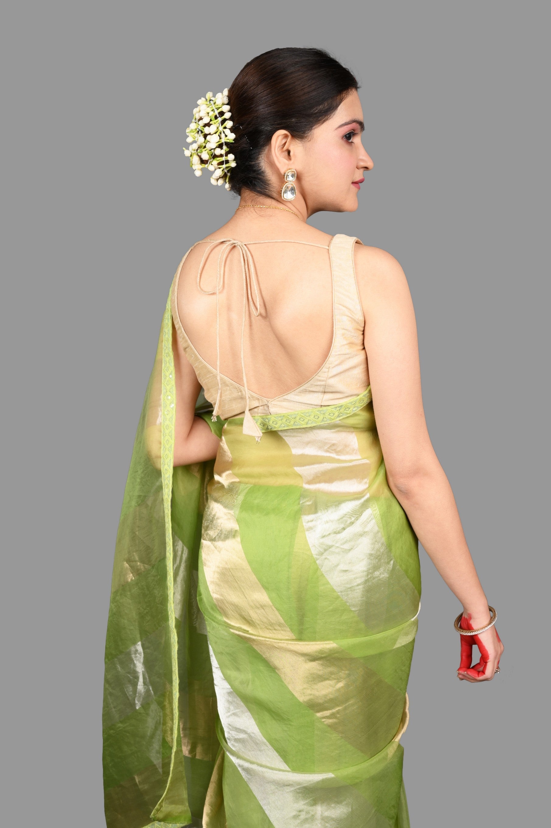 Pista Green Pure Organza Silk Stripe Zari Saree