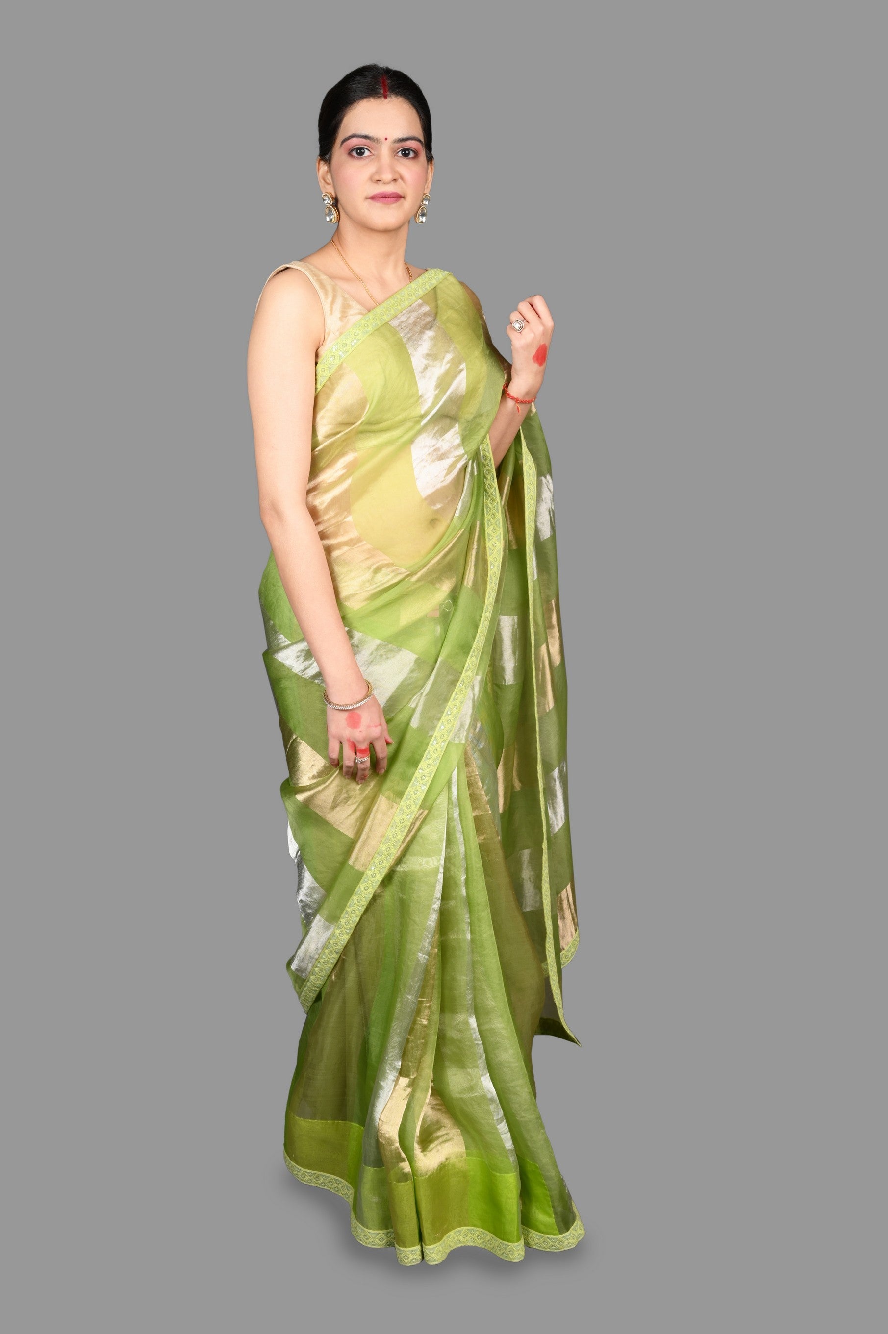Pista Green Pure Organza Silk Stripe Zari Saree
