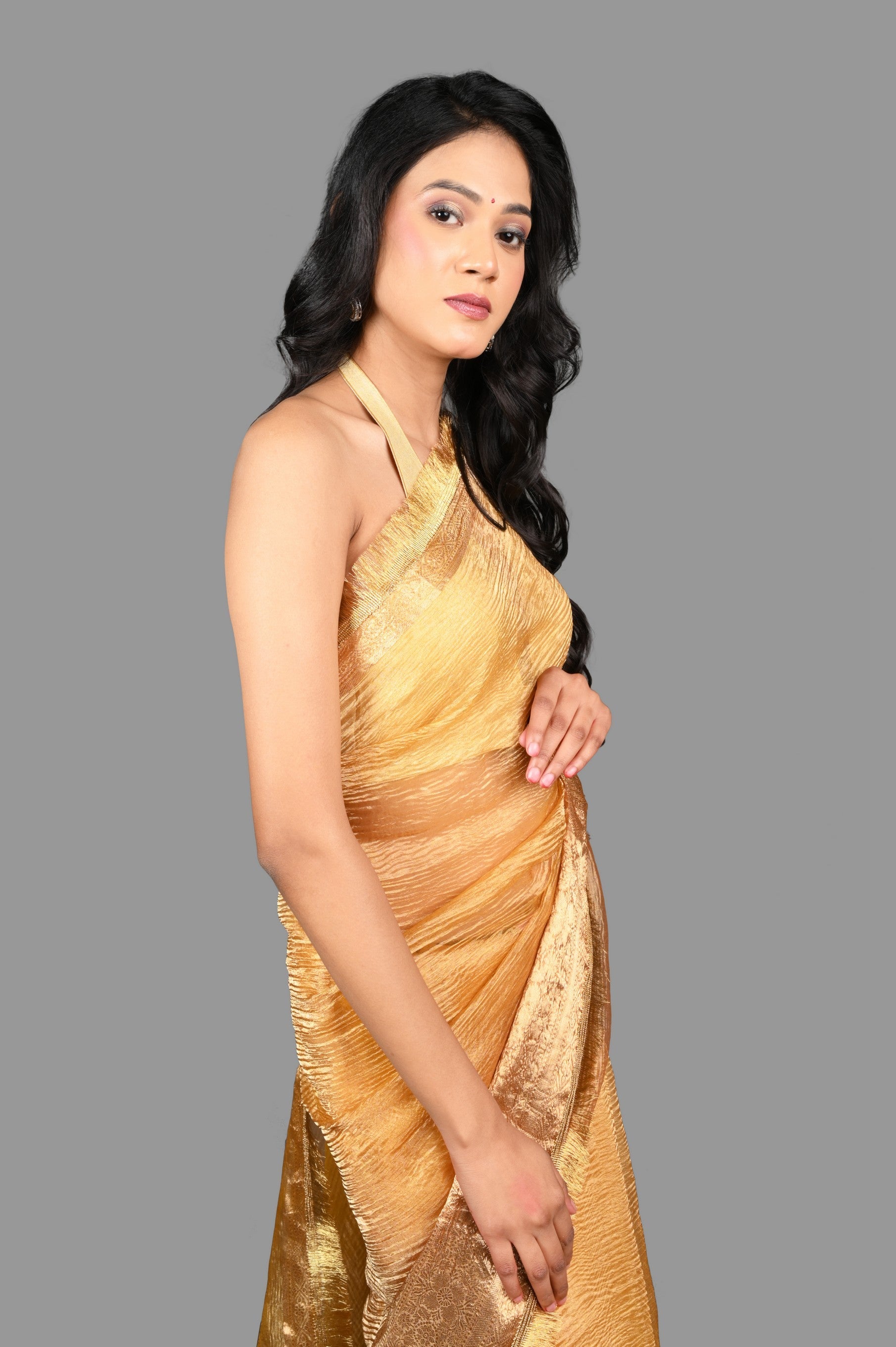 Golden Crushed Pure Tissue Silk Banarasi handloom Saree