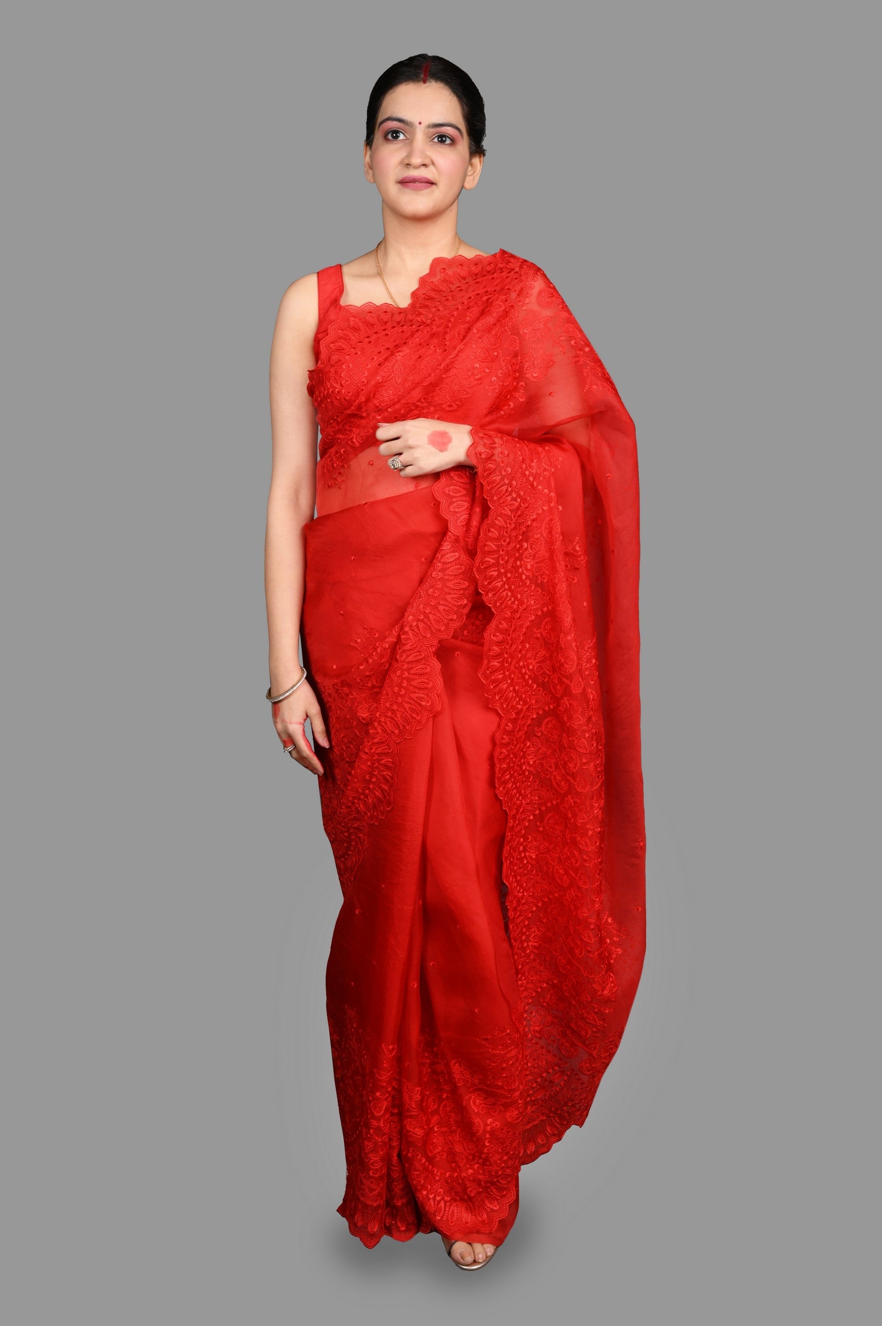 Red pure Organza Silk Saree with chikankari Hand Embroidery
