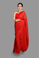Red pure Organza Silk Saree with chikankari Hand Embroidery