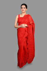 Red pure Organza Silk Saree with chikankari Hand Embroidery