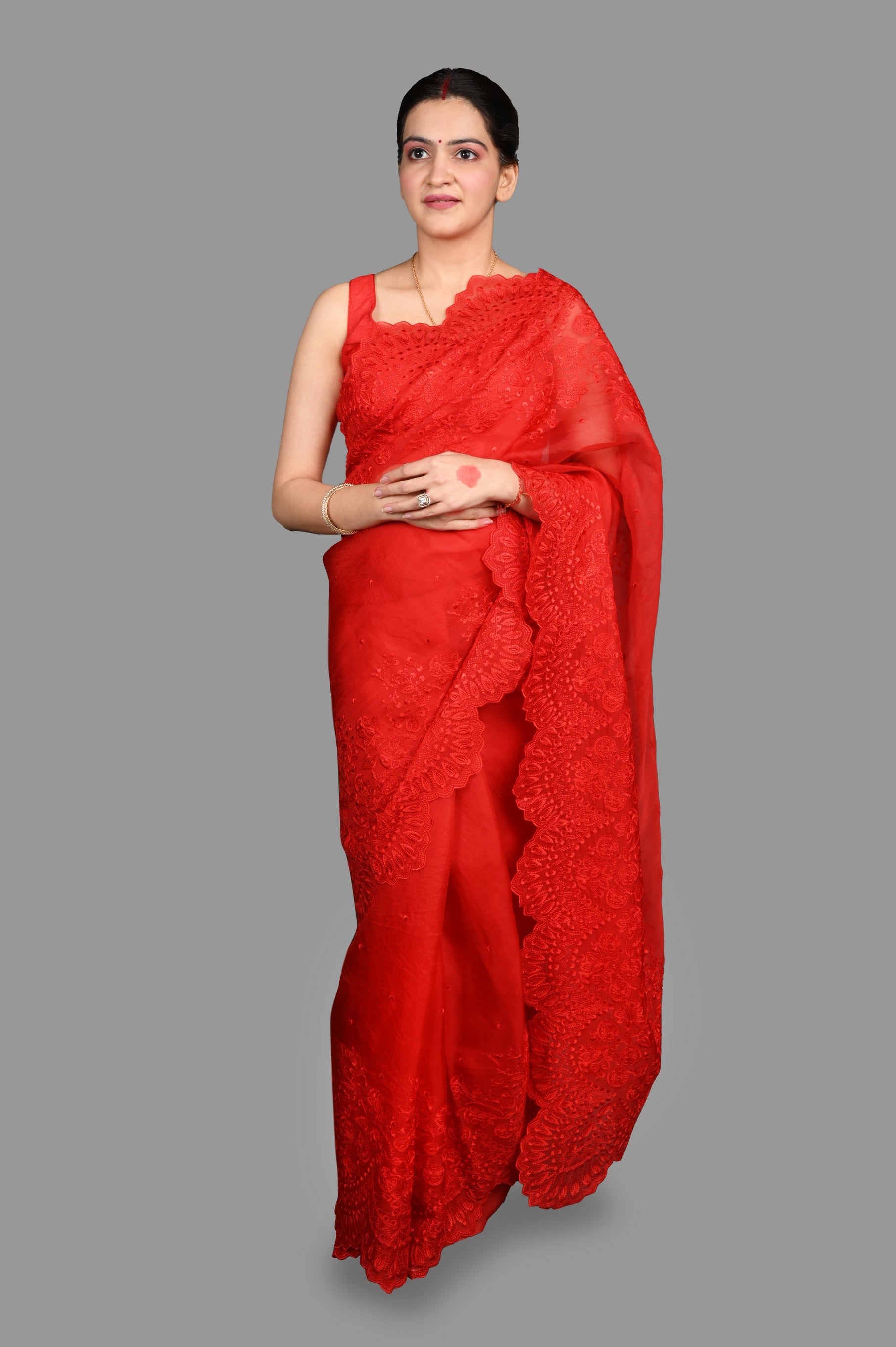 Red pure Organza Silk Saree with chikankari Hand Embroidery