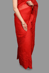 Red pure Organza Silk Saree with chikankari Hand Embroidery