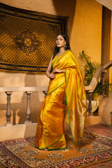 Yellow Pure Chanderi Silk Banarasi handloom saree