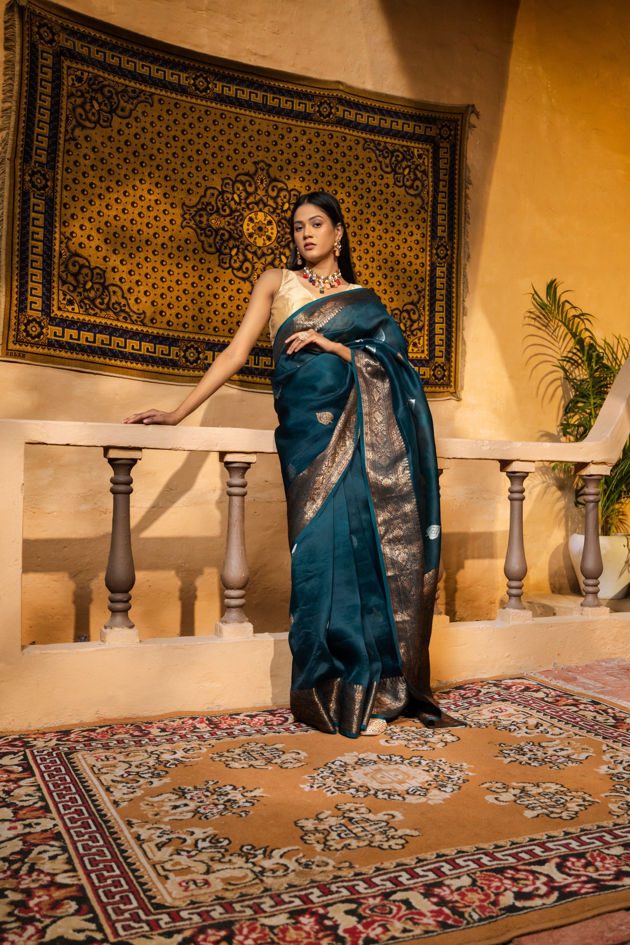 Teal Blue Pure Organza Silk Banarasi Handloom Saree