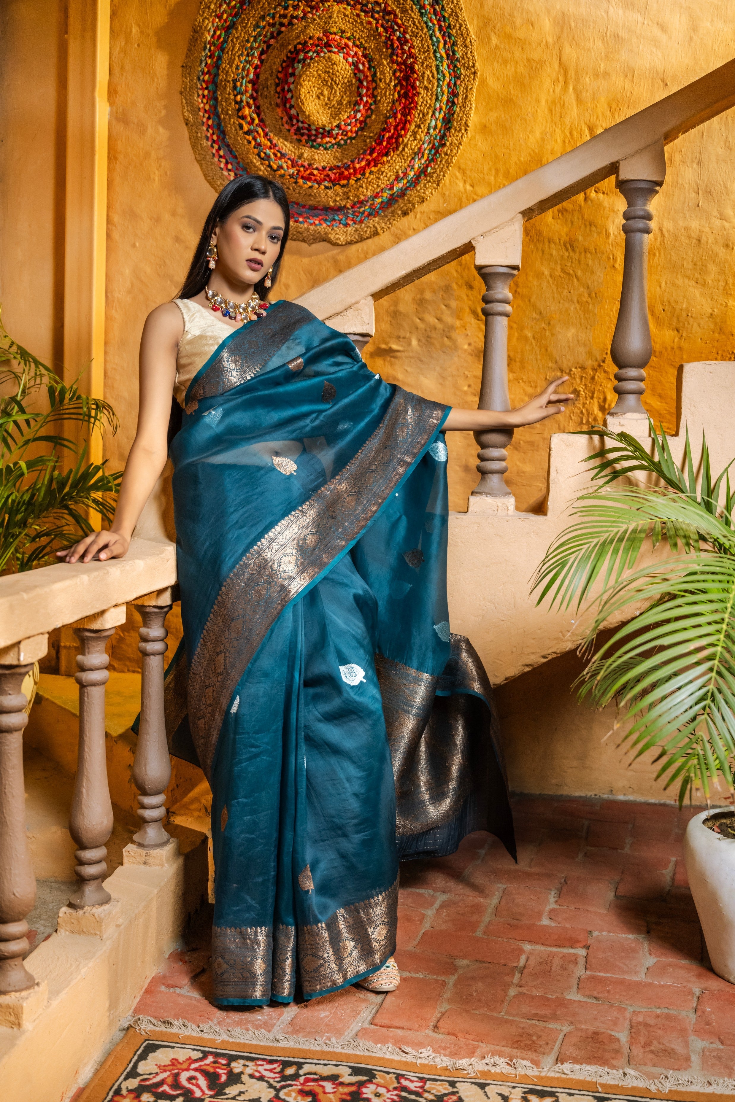 Teal Blue Pure Organza Silk Banarasi Handloom Saree